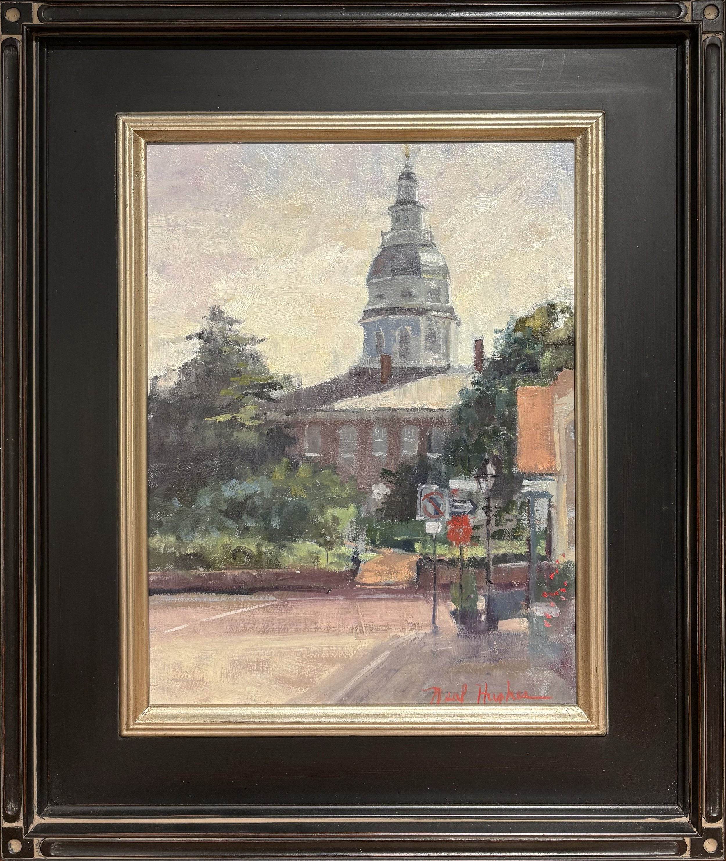 Neal Hughes oil painting titled State House 12x16 $1600 of the Annapolis Capitol Dome pictured framed