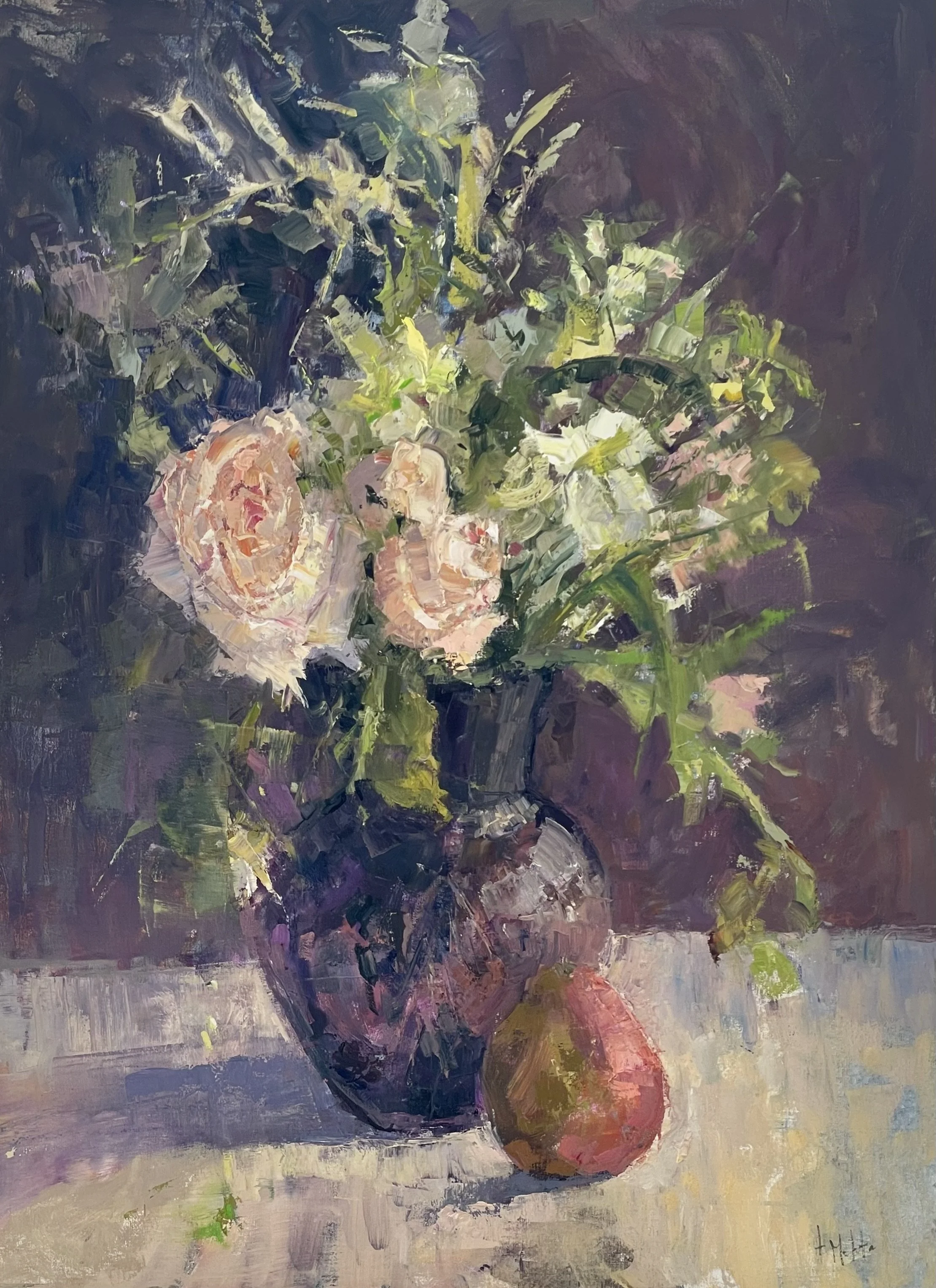 Lynn Mehta, Pale Pink Rose and Red Pear 40 x 30 Oil $4,400