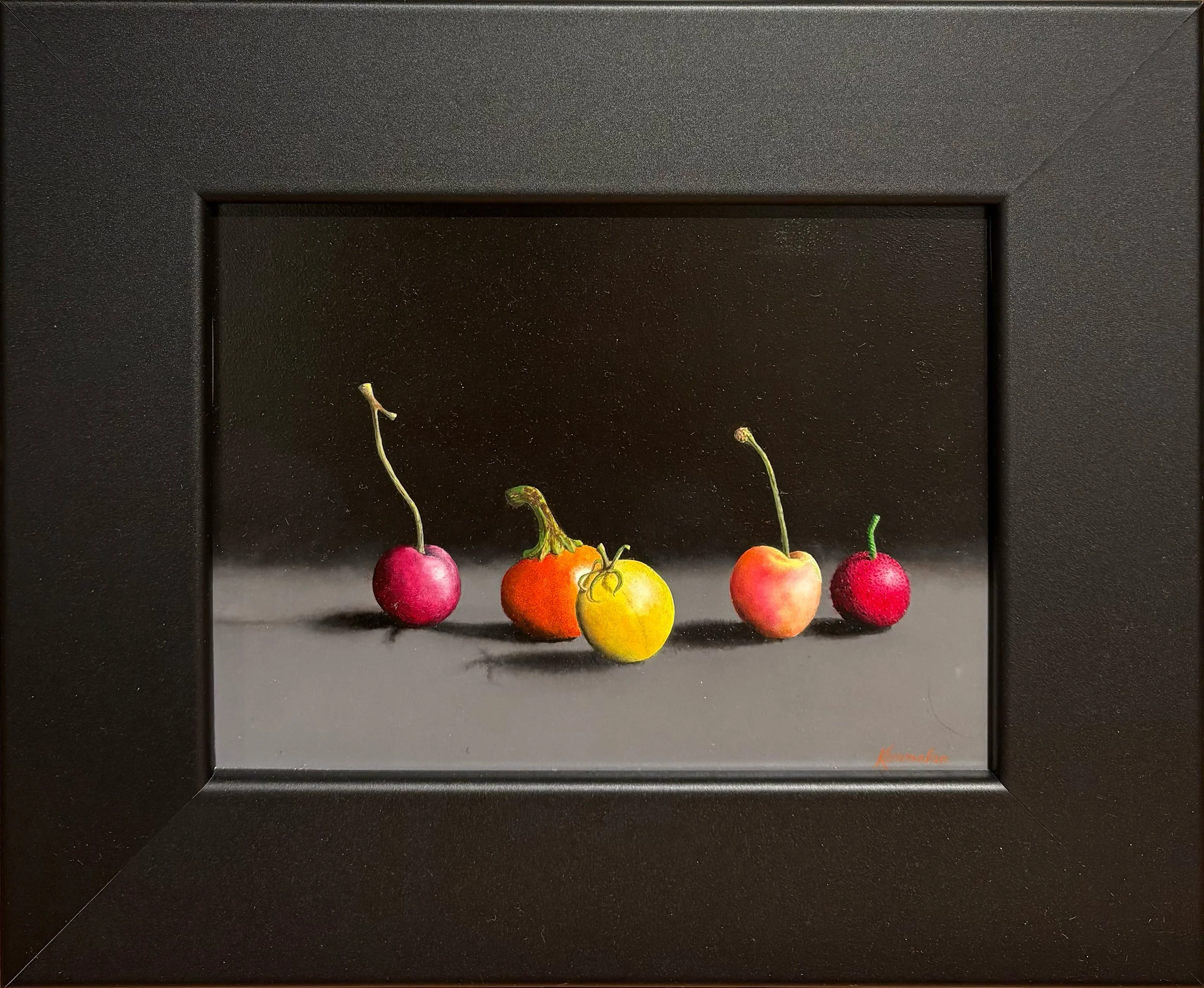 Deborah Kommalan oil painting titled  All Cherries 6x8 $650 of various types of cherries in a row