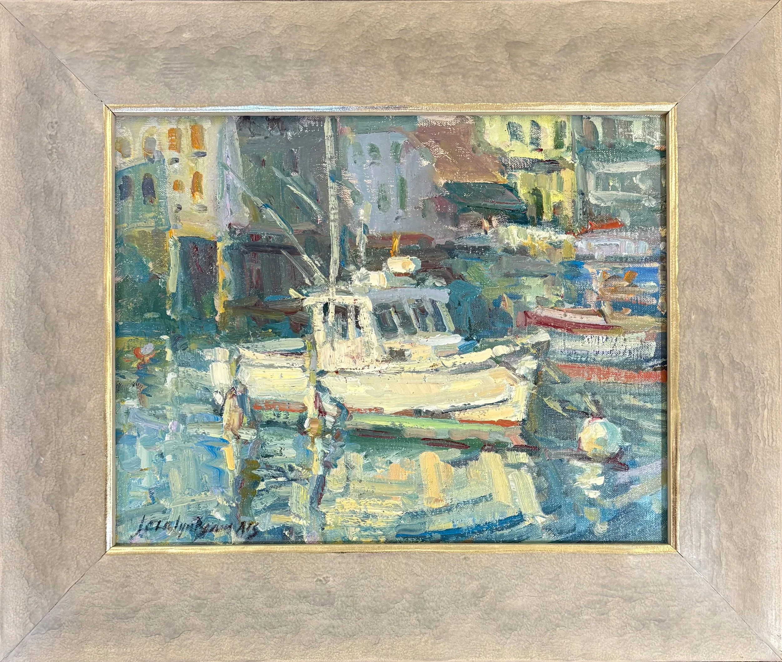 Jacalyn Beam painting titled Satisfying, 11x14 oil $1500 of a fishing boat tied to a pile and white mooring ball pictured in a textured cream frame with gold filet