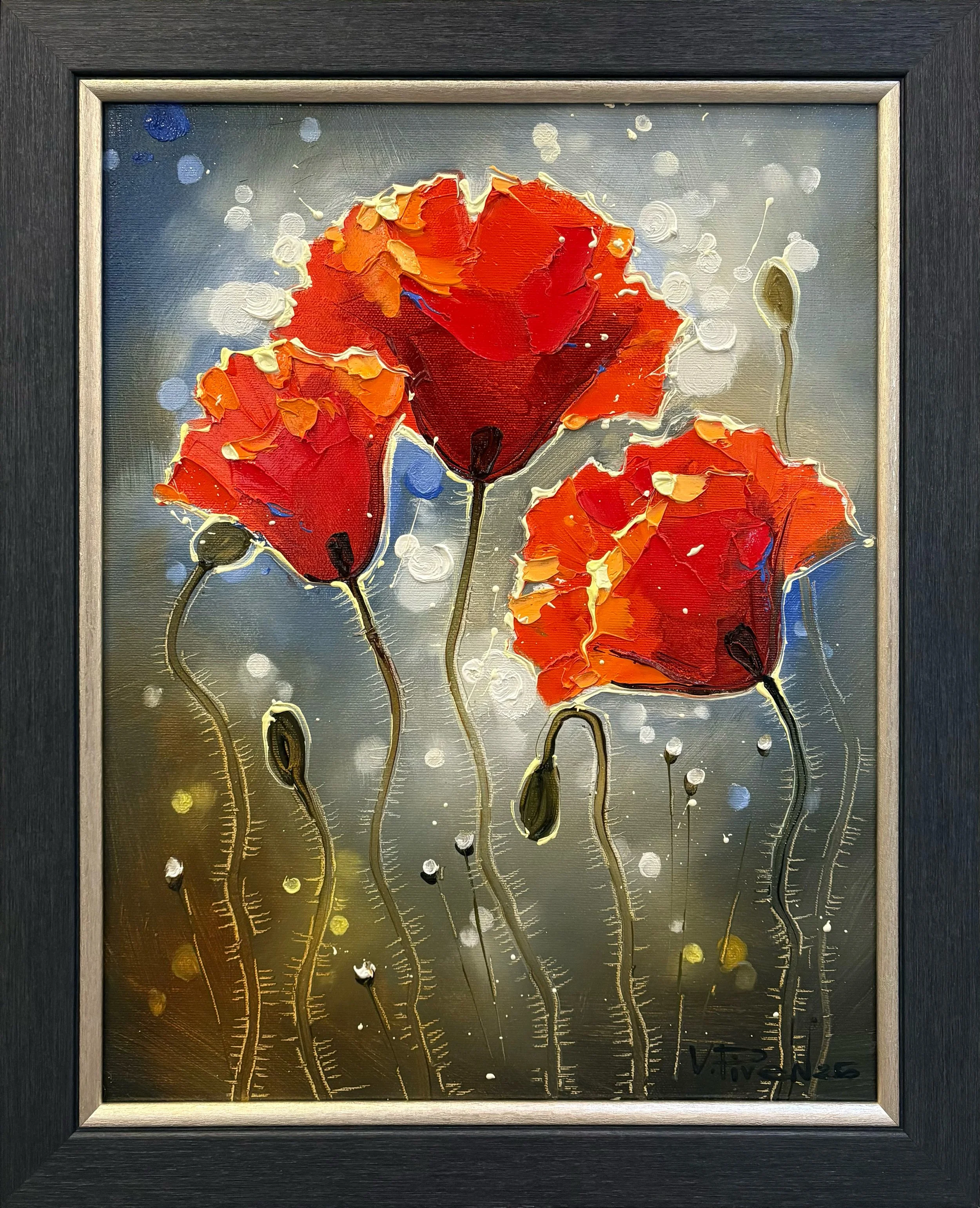 Vova Piven oil painting titled The Patience of Red 14x17 3/4 $995 of red poppy flowers