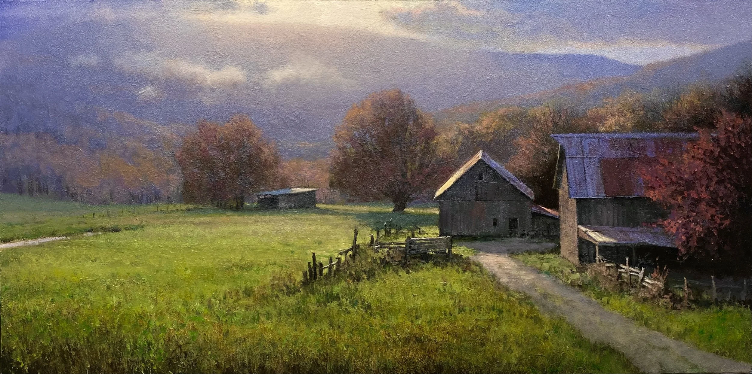 Michael Godfrey original painting titled Morning Shenandoah Valley 12x24 Oil $9,500 of a farm nestled in the mountains