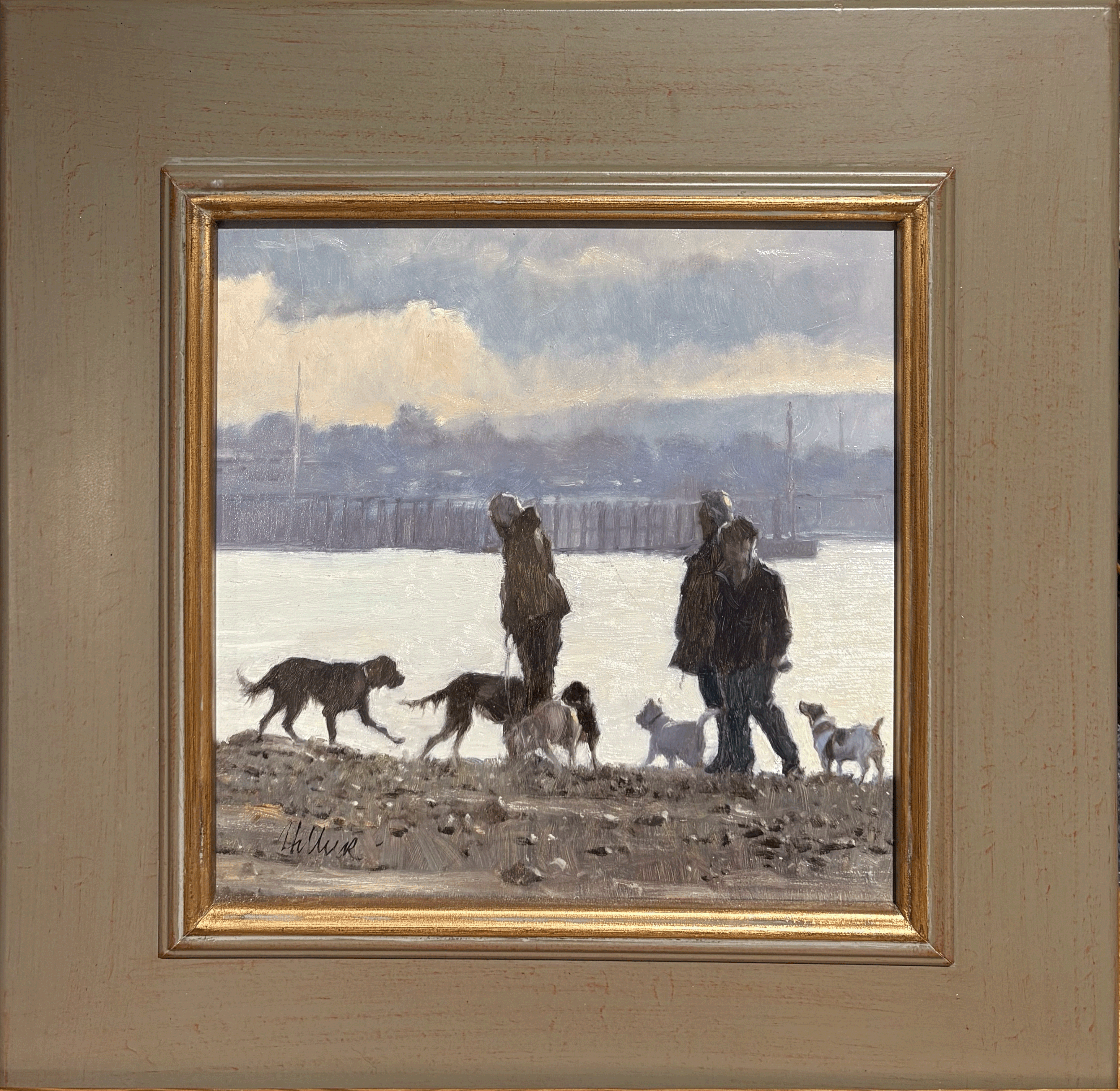 Matthew Hillier oil painting titled Dog Walkers 8x8 $1200 of a group of dogs and owners on a rocky beach silhouetted against the water and distant land pictured in a neutral green beige frame with a gold liner.