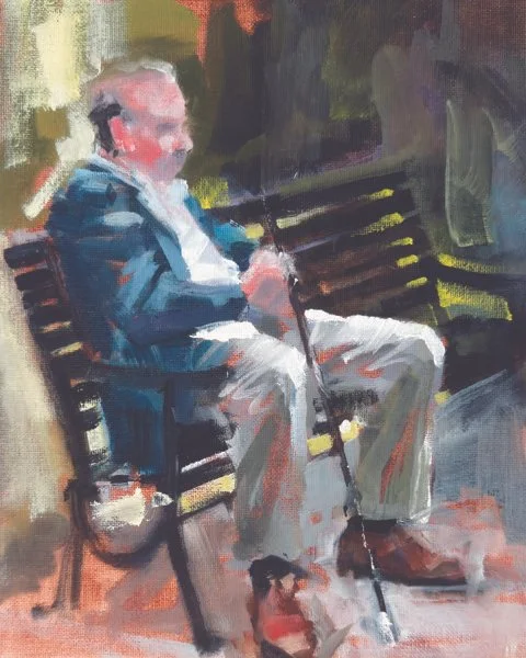 Sherril Cooper original oil painting titled My Friend at the Park 8x10 $480 of a man with a cane sitting on a bench