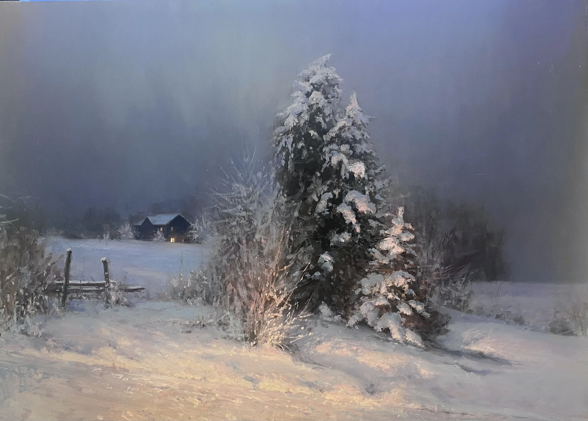 An ethereal  snowy landscape painting. A distant cottage has the light on guiding you home. Evergreen tree boughs are weighed down by snow. Michael Godfrey oil painting titled Going Home 18x24