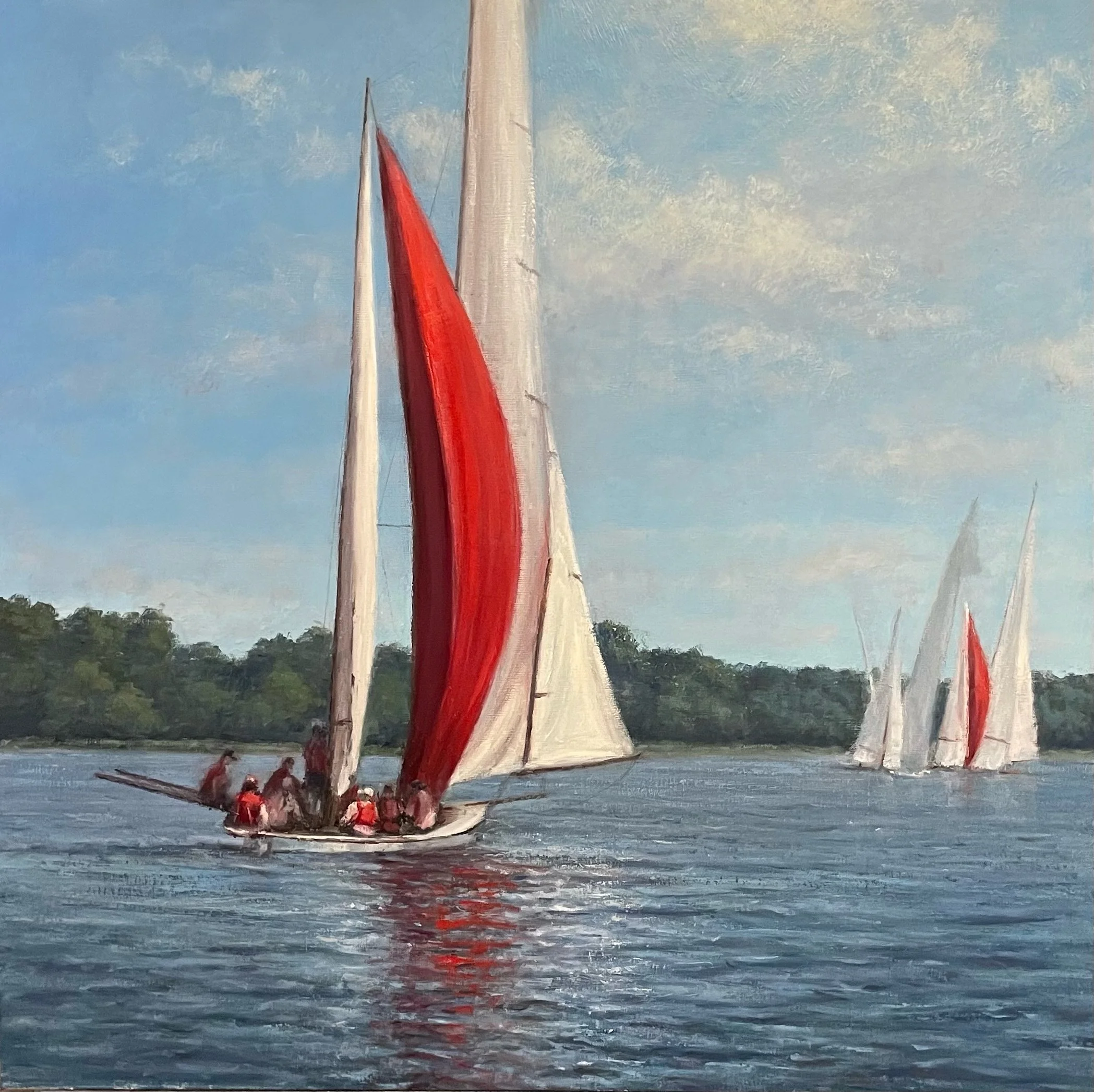 Lois Engberg original oil painting titled  Spirit of the Chesapeake 30x30 Oil $6500 of traditional Maryland Log Canoe boats