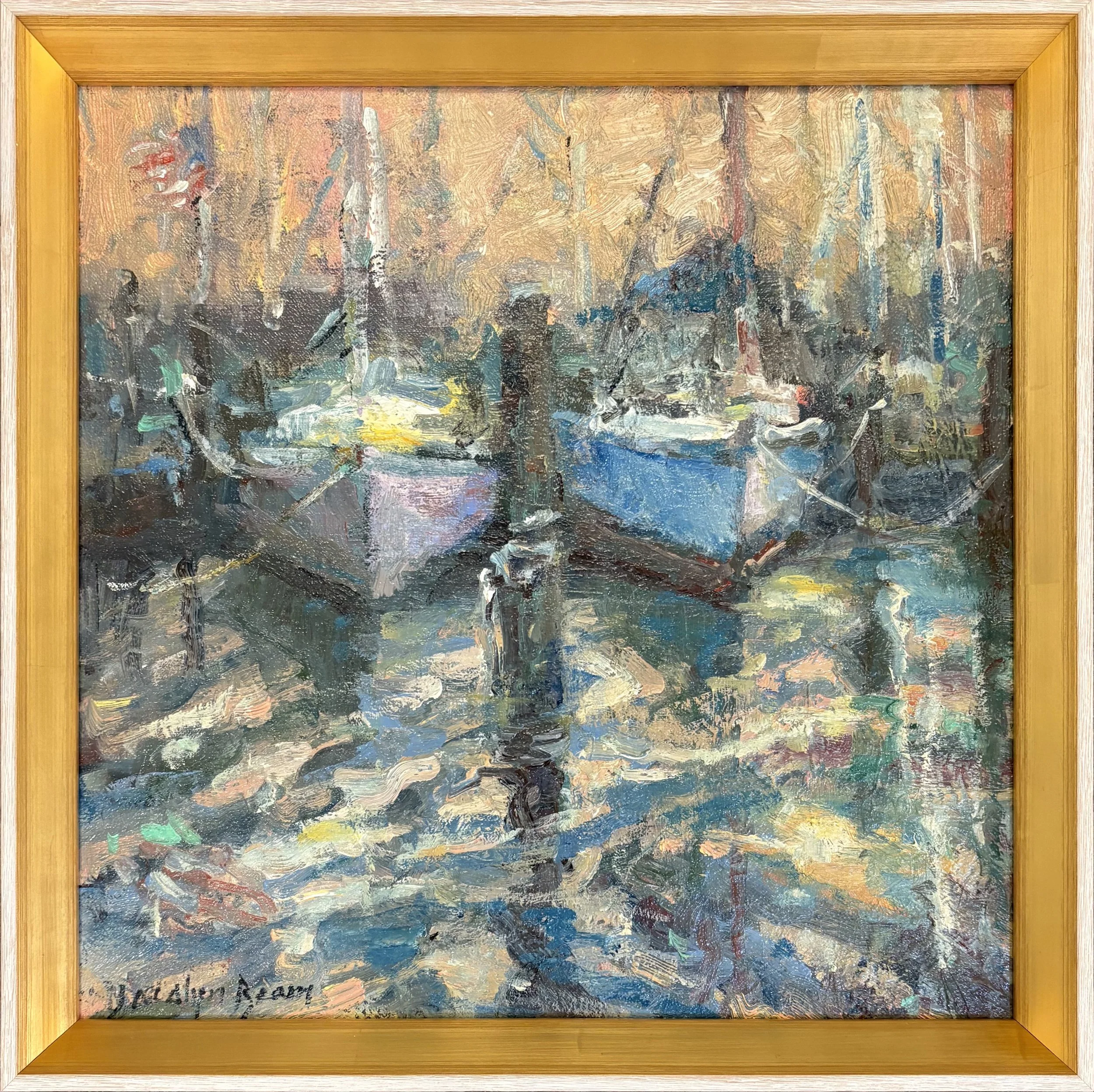 Jacalyn Beam painting titled Dusk in Eastport 14x14 $1600 oil of two sailboats in rippling water tied up at dock in a gold frame with an outer white driftwood detail