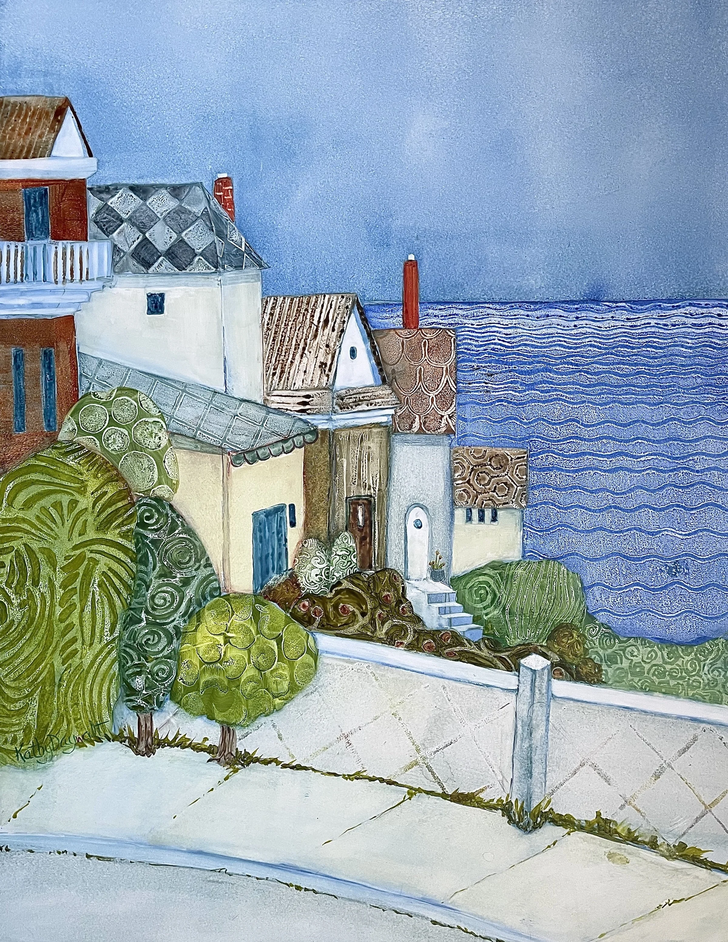 Kathy Daywalt original painting titled Seaside Village 18x14 WaterMedia $1250
