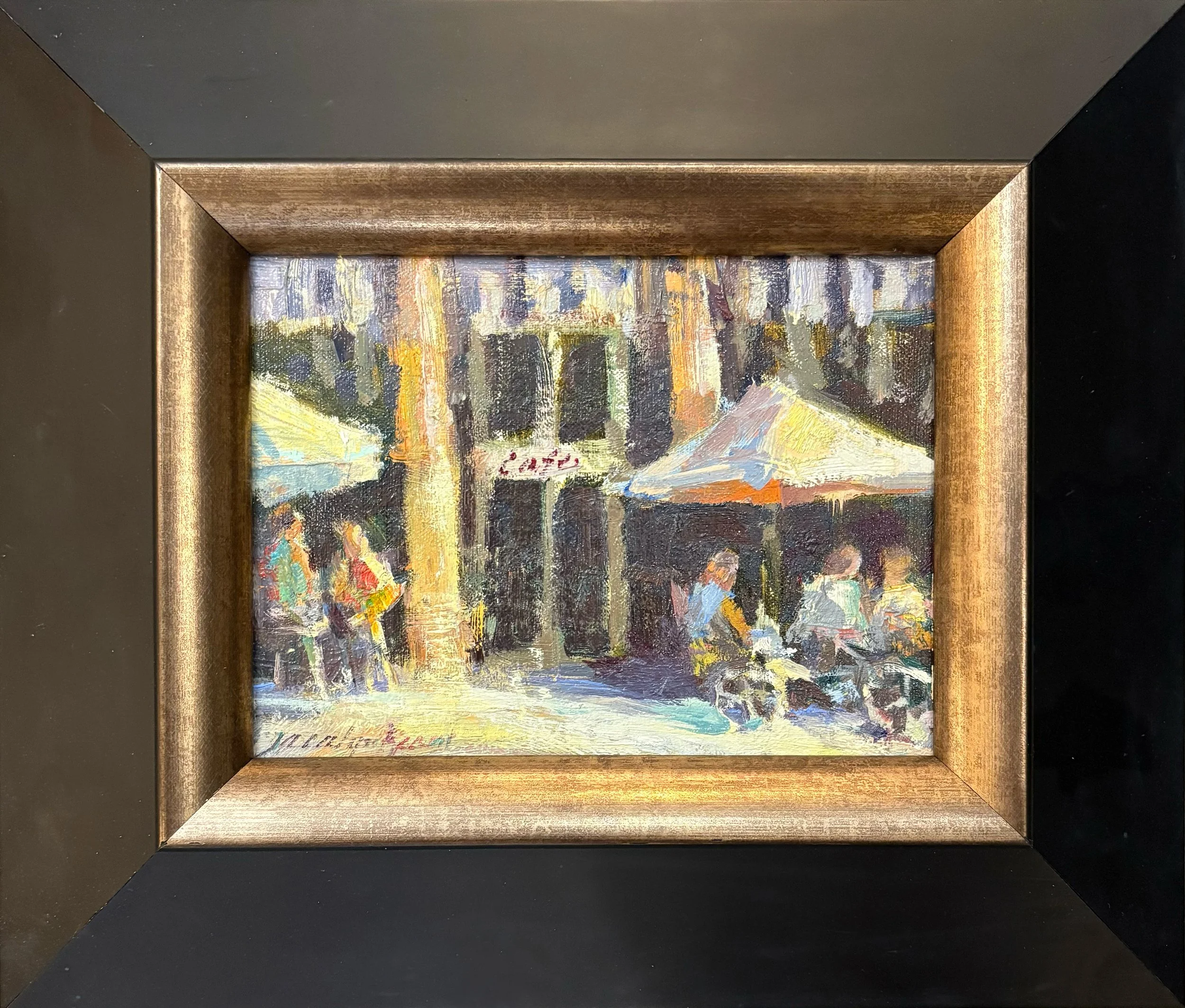 Jacalyn Beam painting titled Breakfast with Friends 6x8 $650 oil in a black frame with a wide gold filet