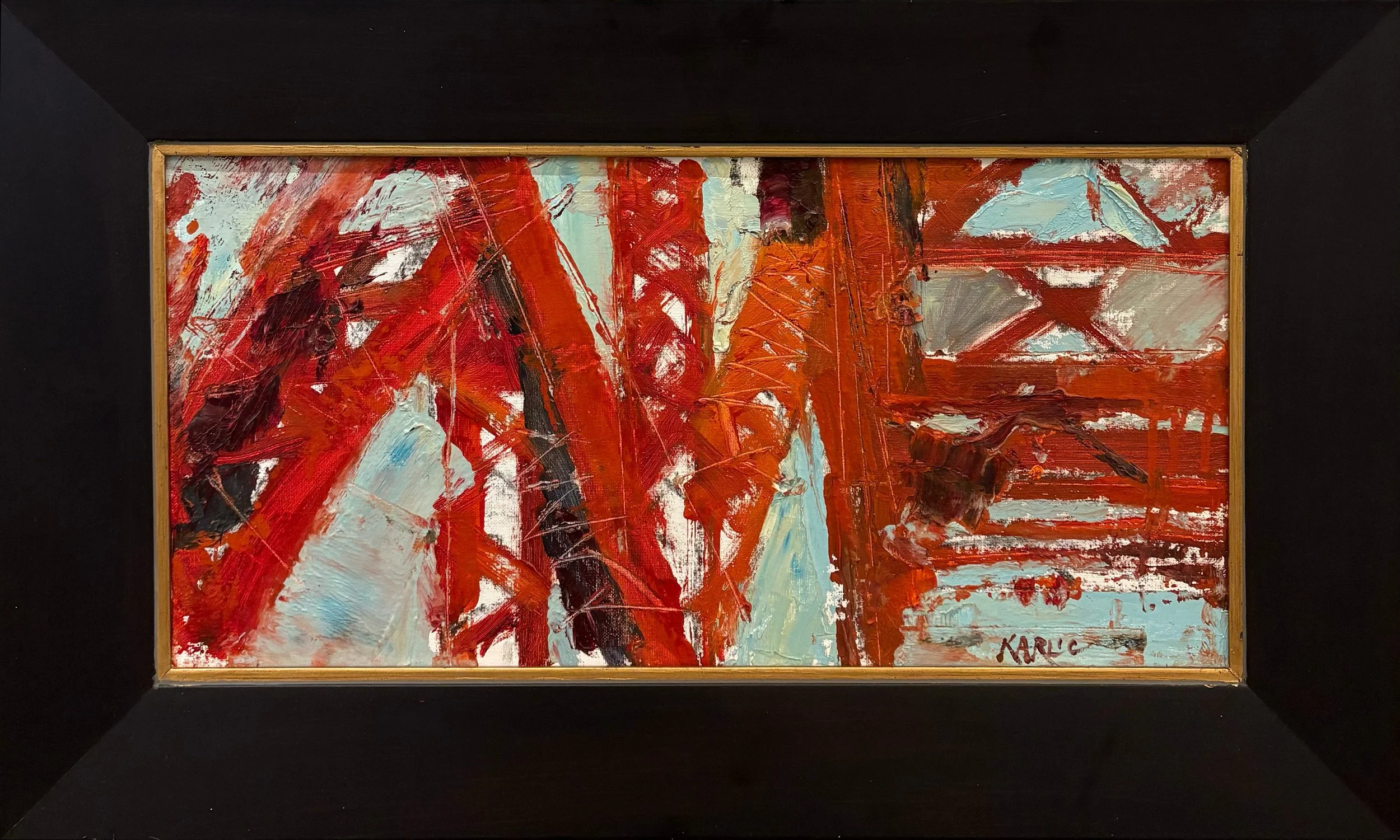 Ken Karlic oil painting titled Red Rooster 10x20 $1850 abstracted industrial