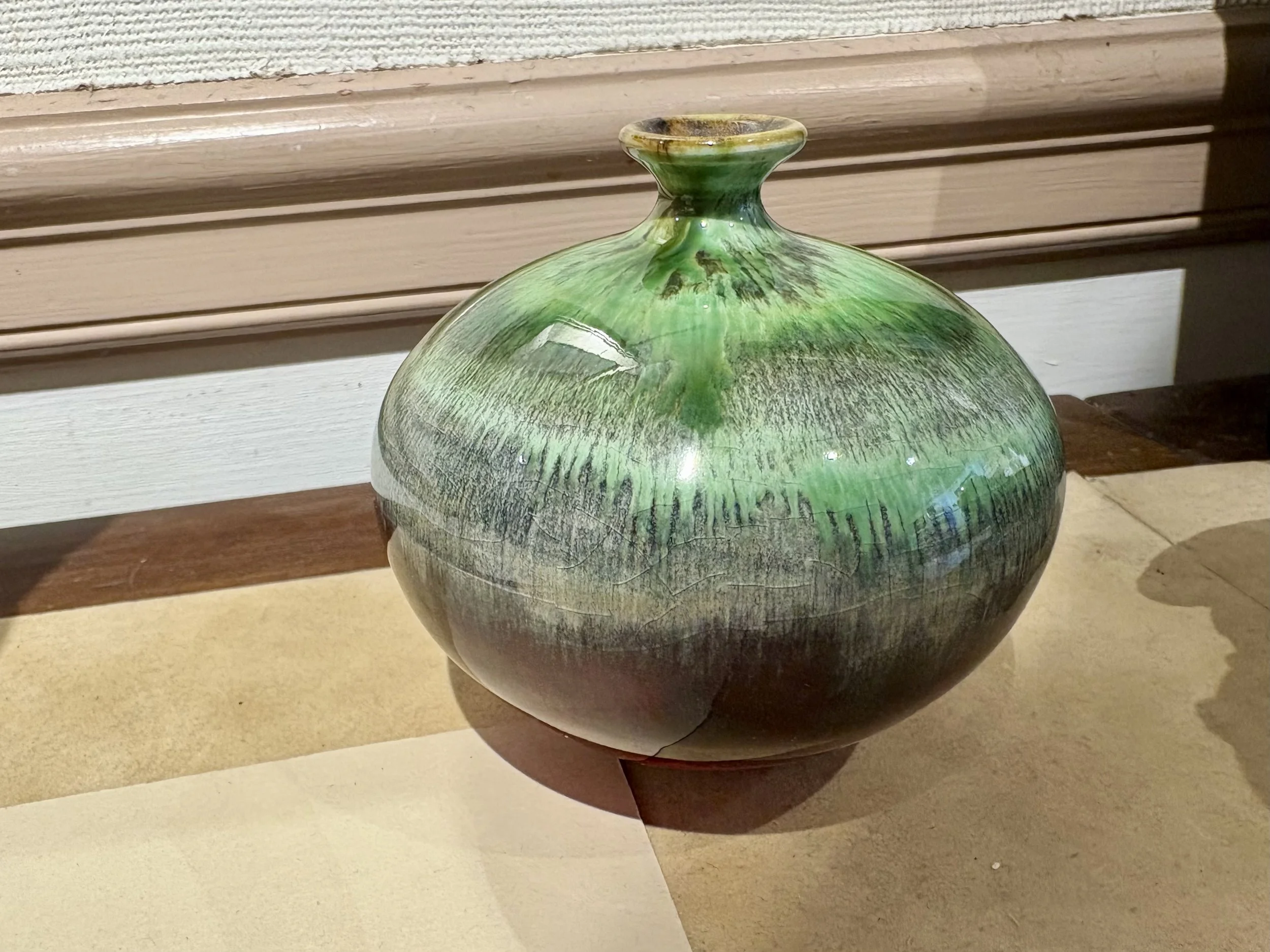 Liz Lescault ceramic vessel titled Small Closed Neck Moss-Red 3.5x3.75 $78