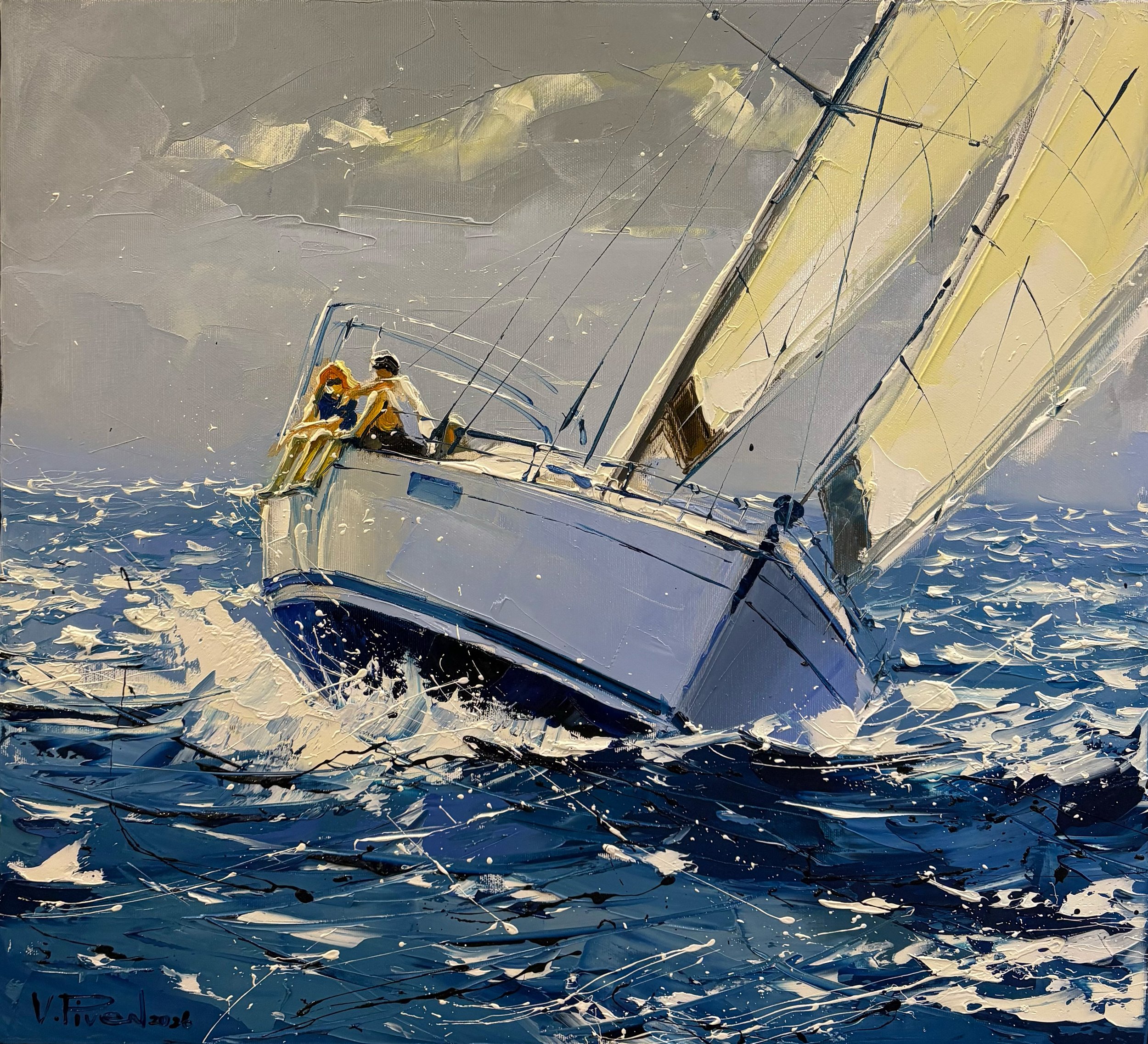 Vova Piven oil painting titled Beautiful Day 21x21 of a heeling boat on rough blue water