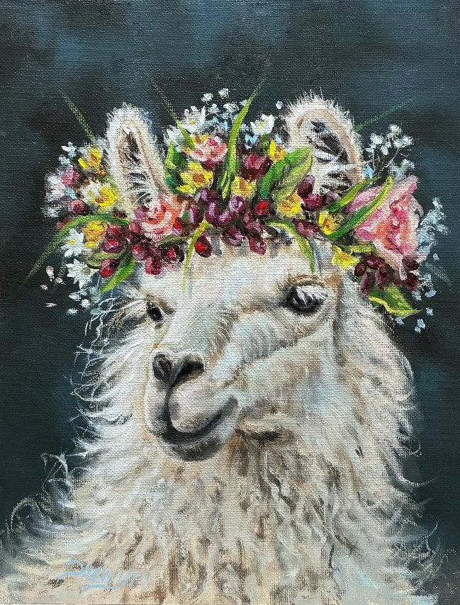 Christine Drewyer original painting titled  Peace Llama 12x9 $2200 oil of a white Llama wearing a flower crown