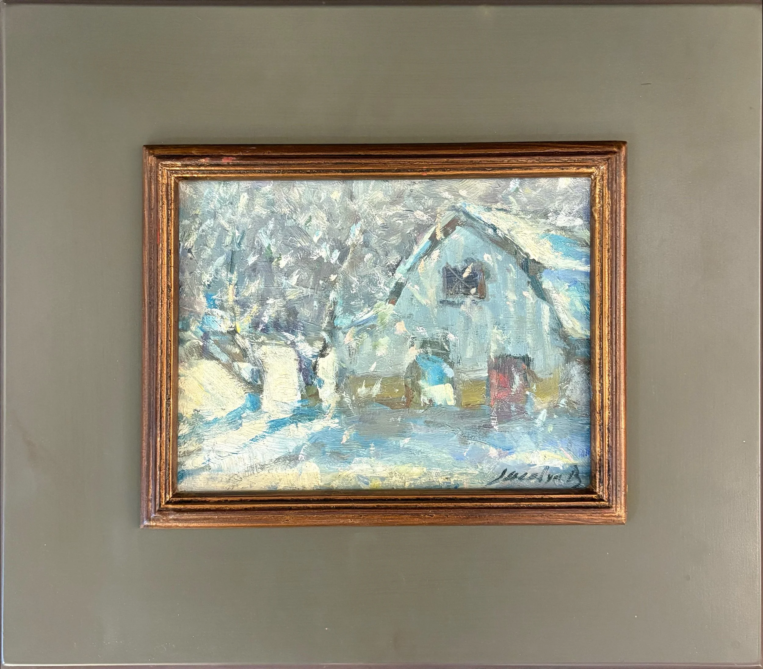 Jacalyn Beam painting titled Country Winter 6x8 $650 oil in neutral taupe plein air frame with gold filet
