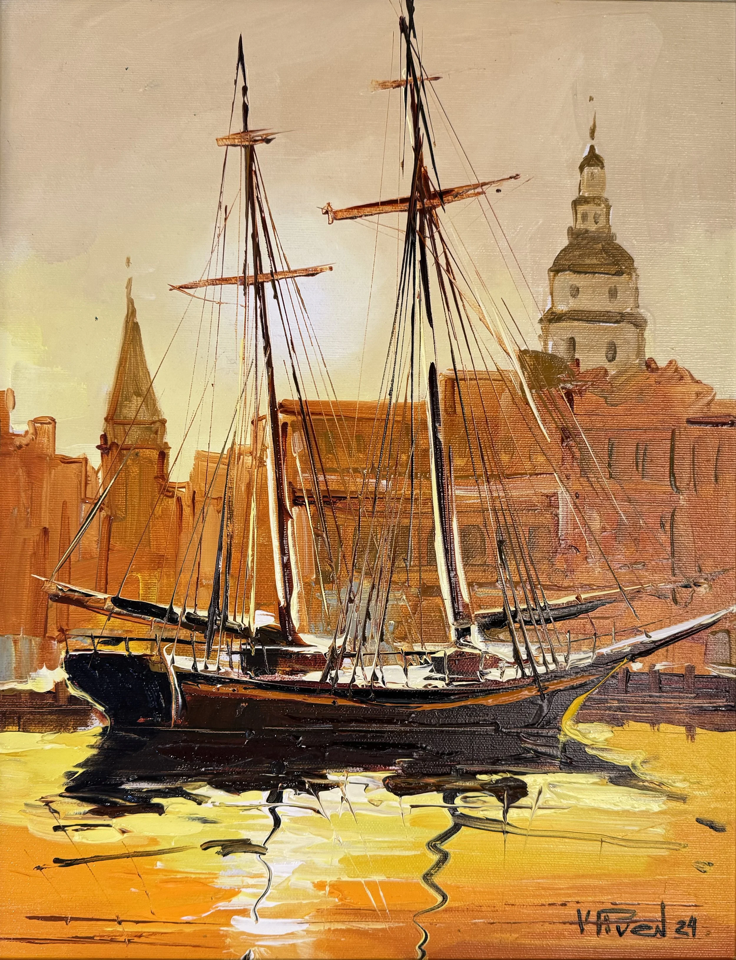 City dock of Annapolis at sunset, a wooden sailboat is in silhouette with both the Capital and St Anne's steeple behind