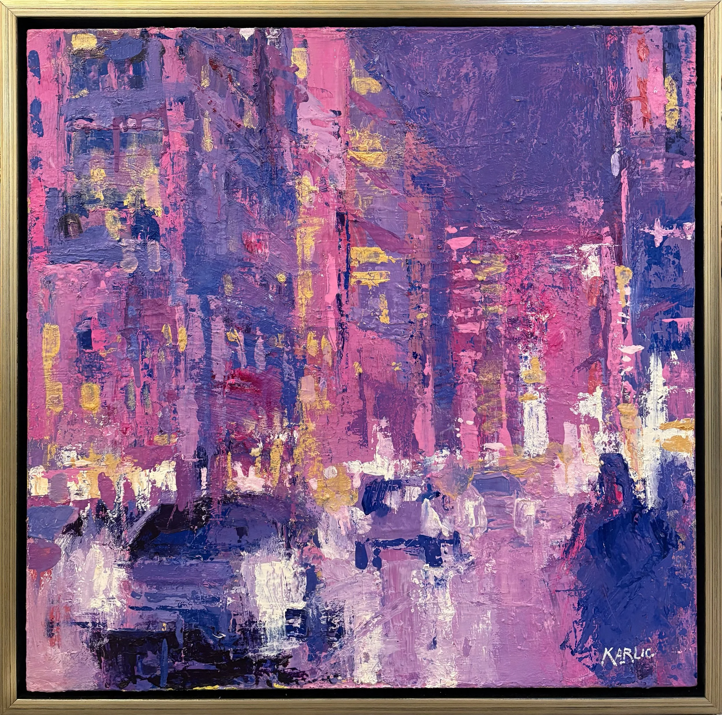 Ken Karlic oil painting titled Fuschia 24x24 $2800 of a stylized city scene in lavenders and pinks
