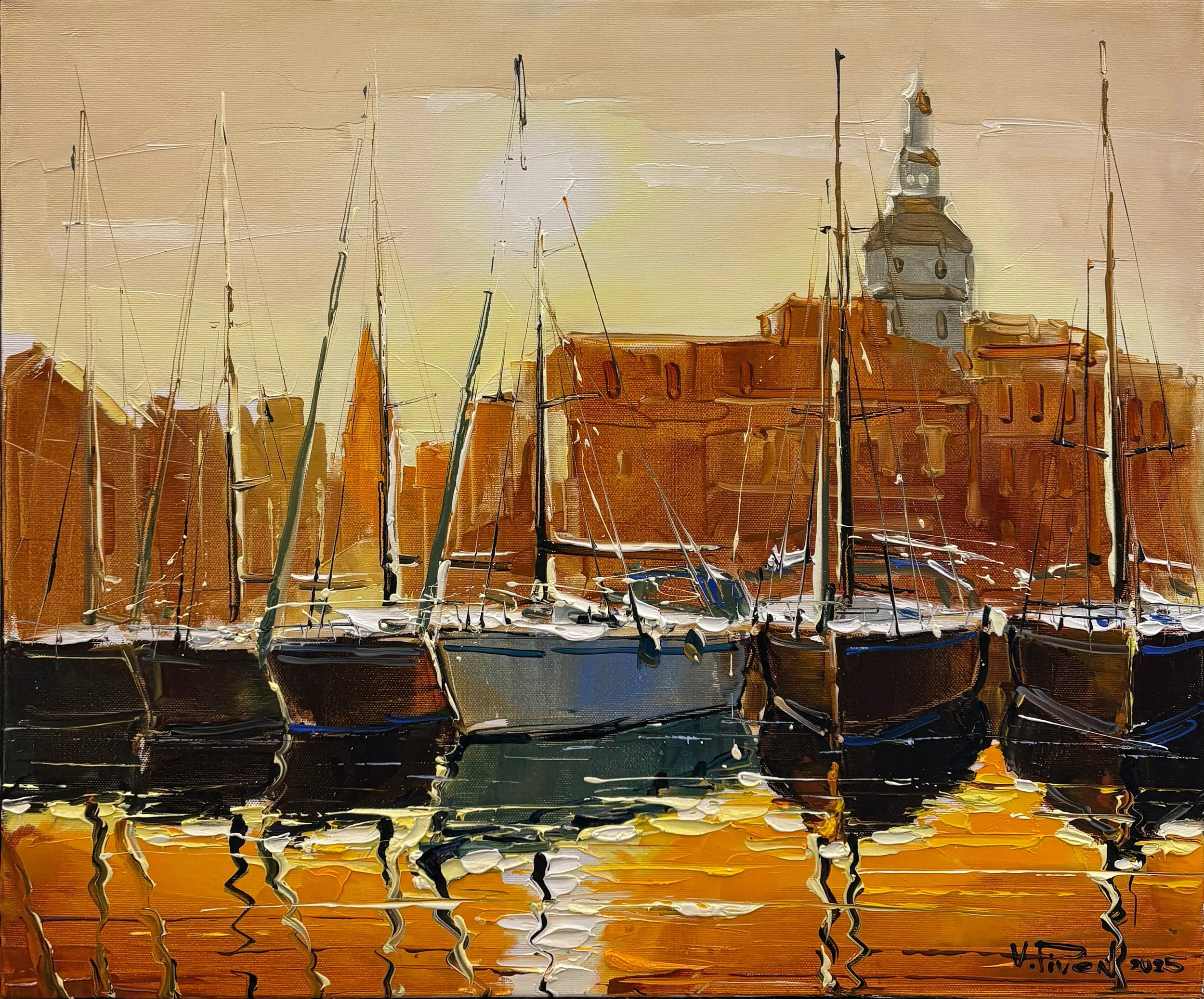 Vova Piven oil painting titled City Dock Sunset 20x23 $1800 of downtown Annapolis from ego alley with sailboats in the foreground