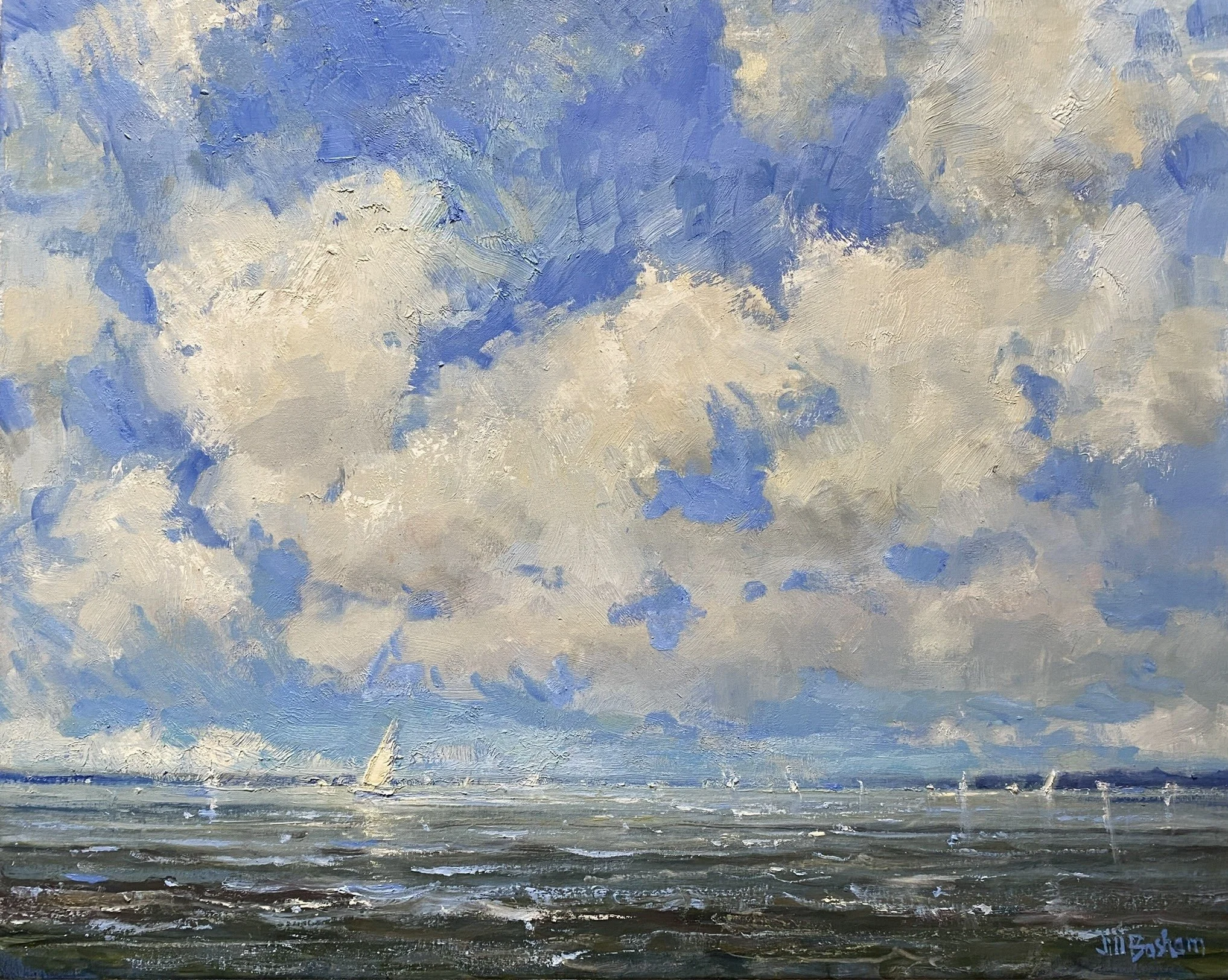 Jill Basham original oil painting titled  Bay Day 24x30 $5900 puffy clouds in a blue sky over sailboats in deep waters