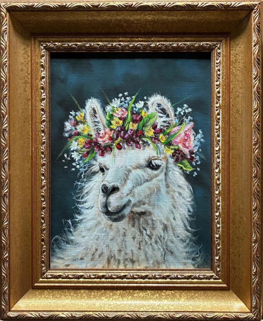 Christine Drewyer, Peace Llama 12x9 Oil $2200 Shown in frame