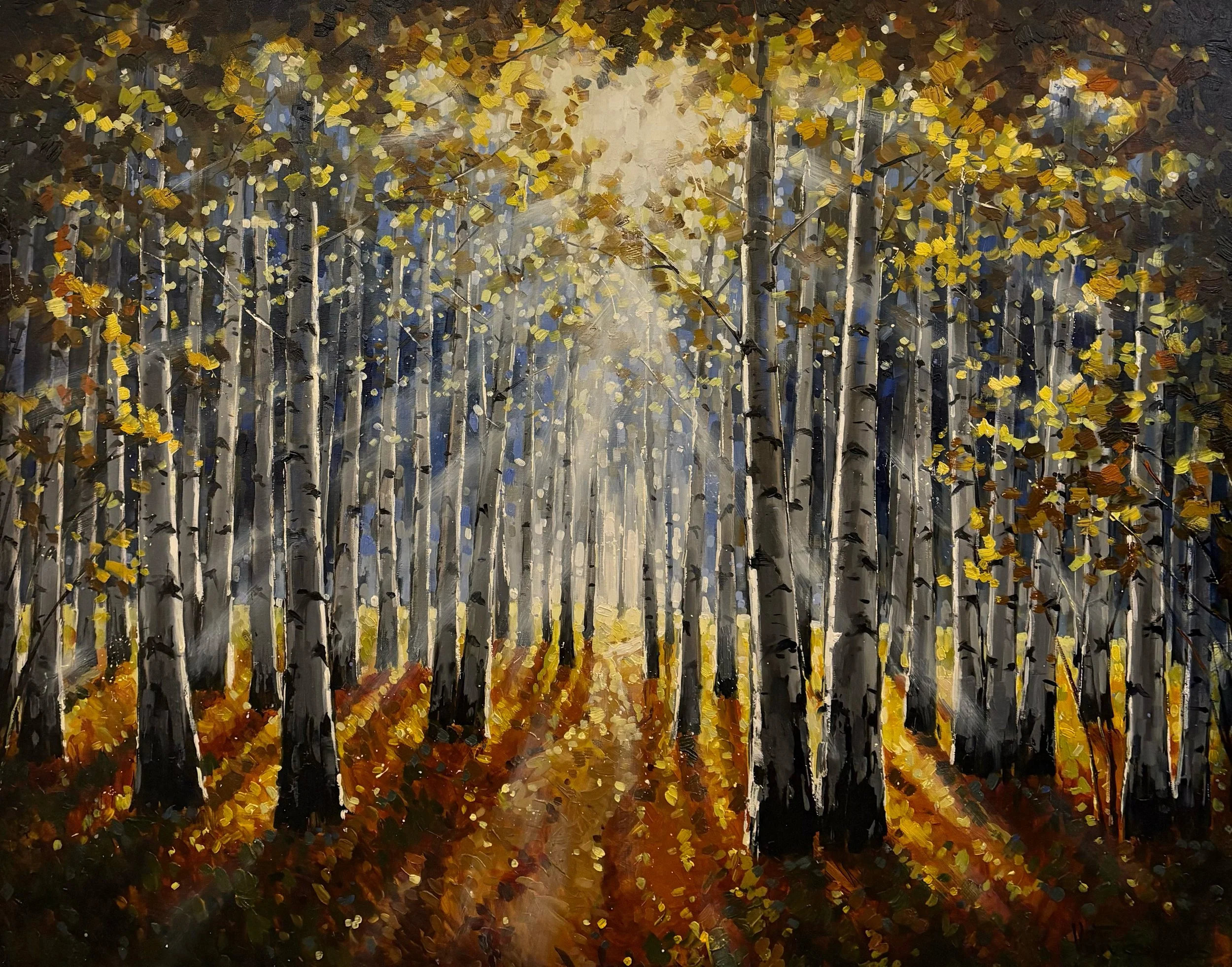 Vova Piven oil painting titled Autumn Setting Sun 43 1/2 x 55 $5900 of Birch trees with sunlight beaming through the woods