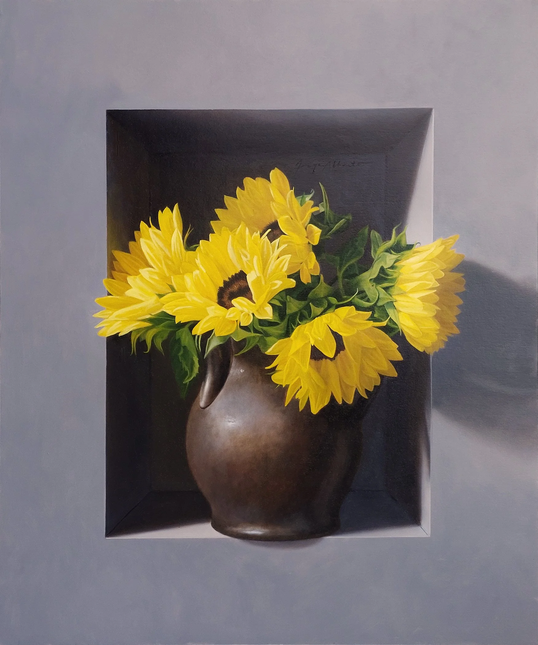 Jorge Alberto original oil painting titled Girasoles 21 x 17.5 $3,000 of sunflowers in a brown vase