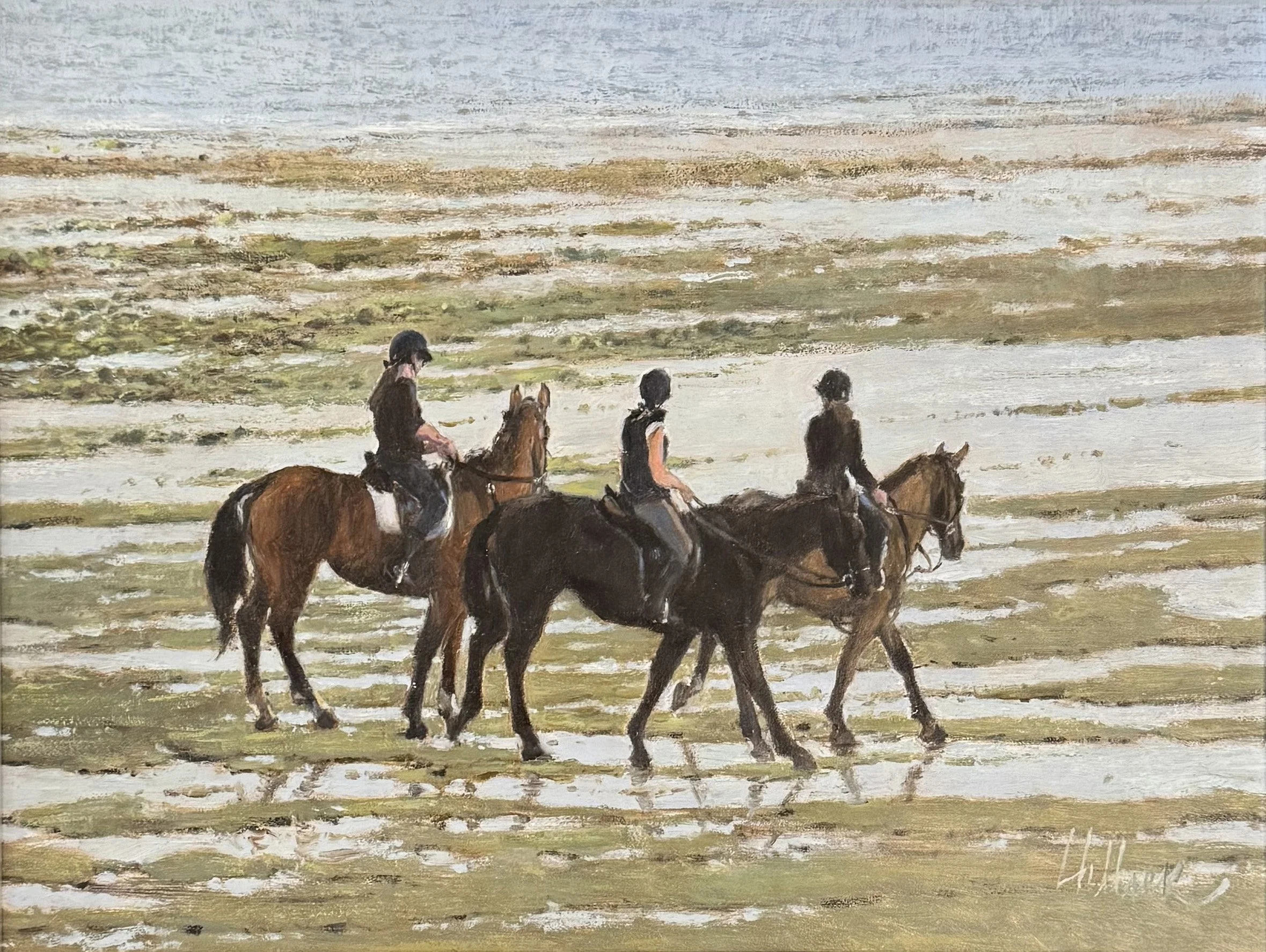 Matthew Hillier oil painting titled Low Tide Ride 9x12 $2300 of riders on horseback on the beach.