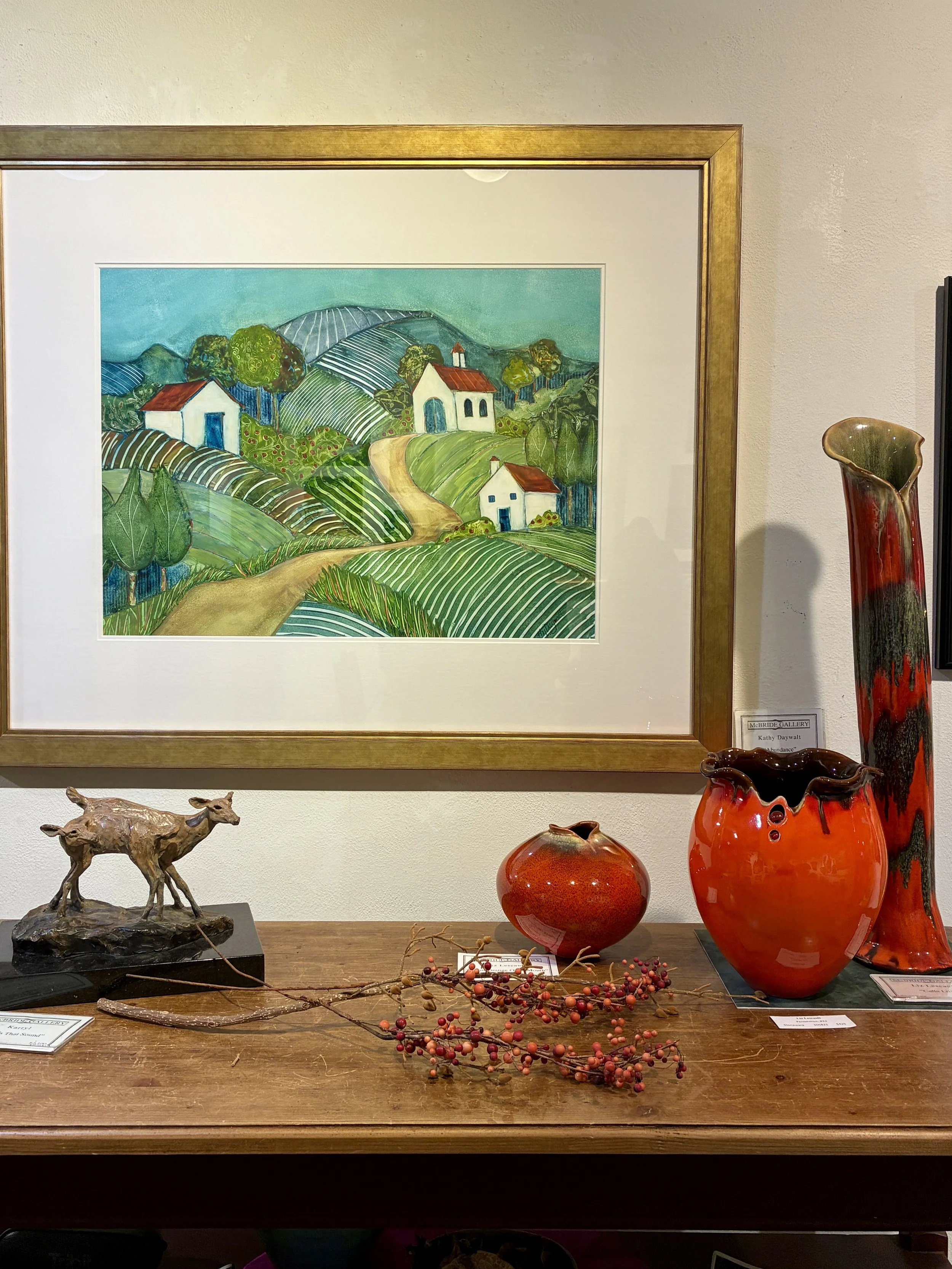 Kathy Daywalt painting, Karryl Salit Sculpture, Liz Lescault ceramic vessels