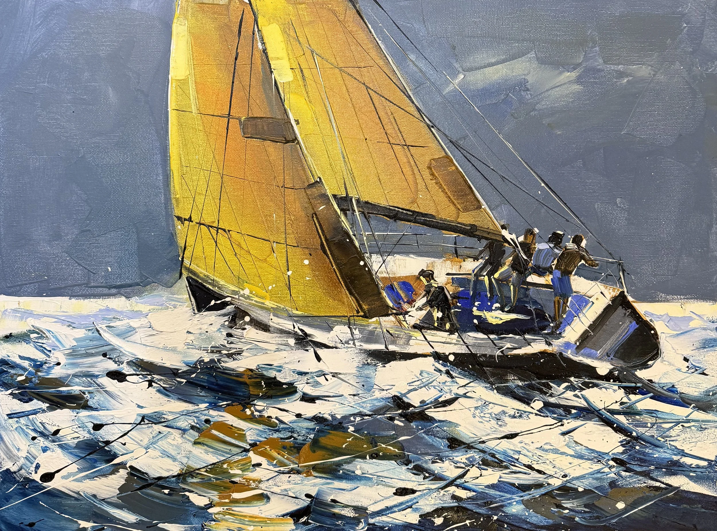 A sailboat in open rough water with yellow sails