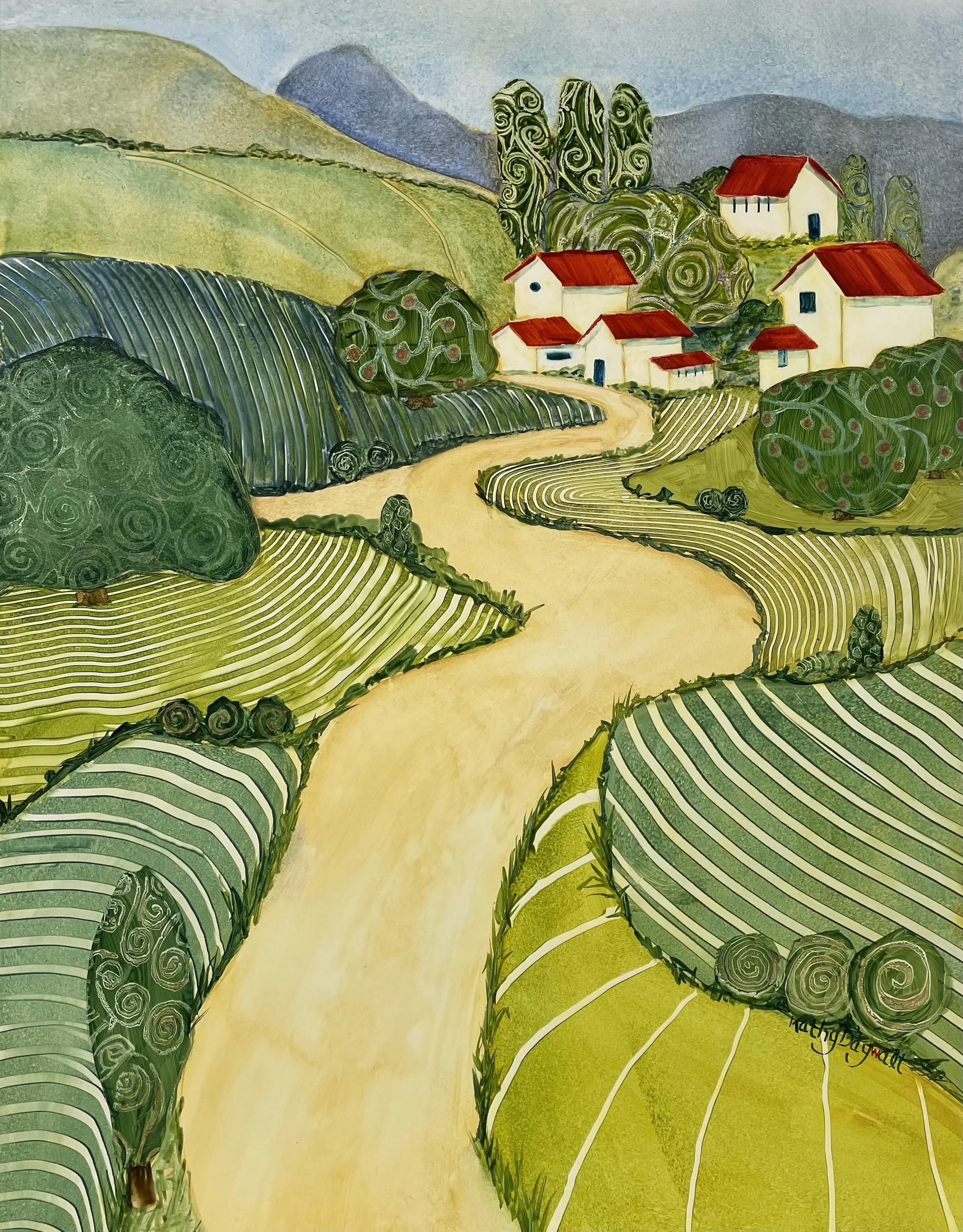 Kathy Daywalt original painting titled Hillside Haven 18x14 WaterMedia $1250