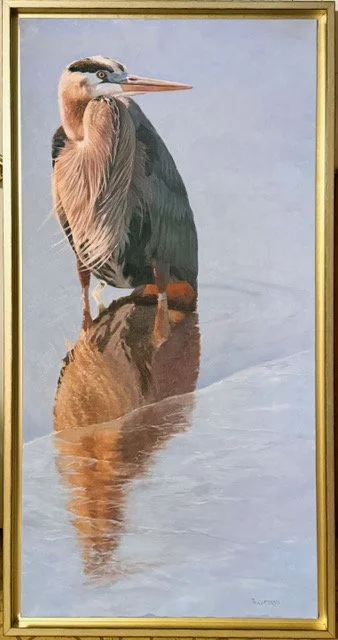 Paula Waterman painting titled Winter Hunter 48x26 in a gold frame Oil $7,950 oil of a bird on the shore reflected in water