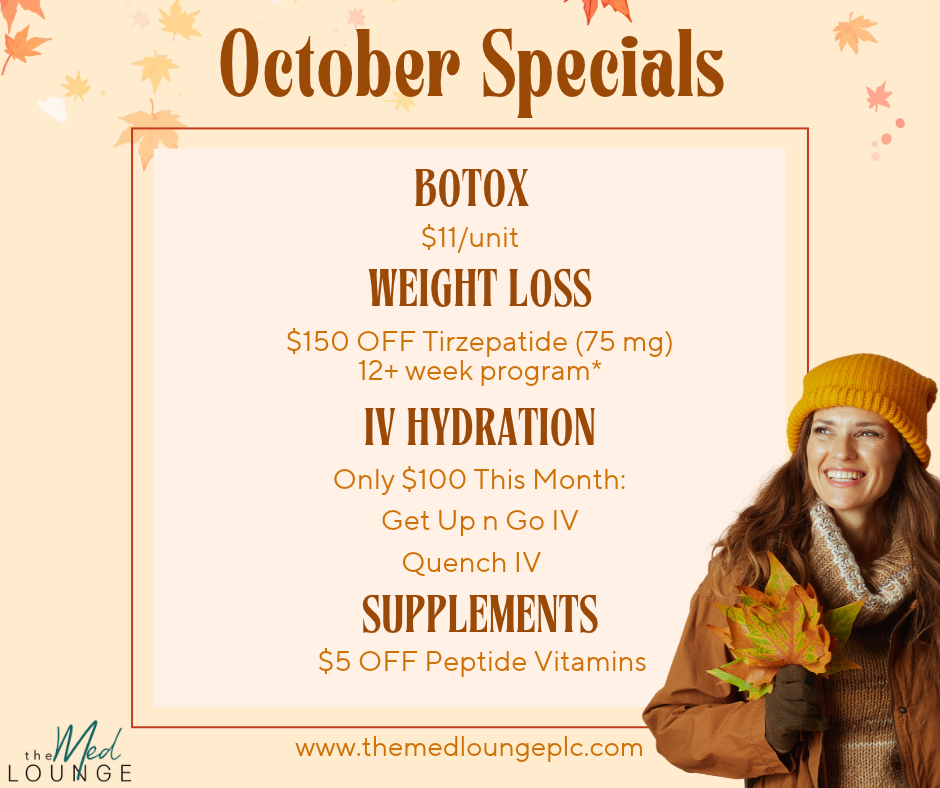 October specials poster featuring Botox, weight loss program, IV hydration, and supplements with a woman wearing a yellow knit hat and orange scarf, holding autumn leaves.