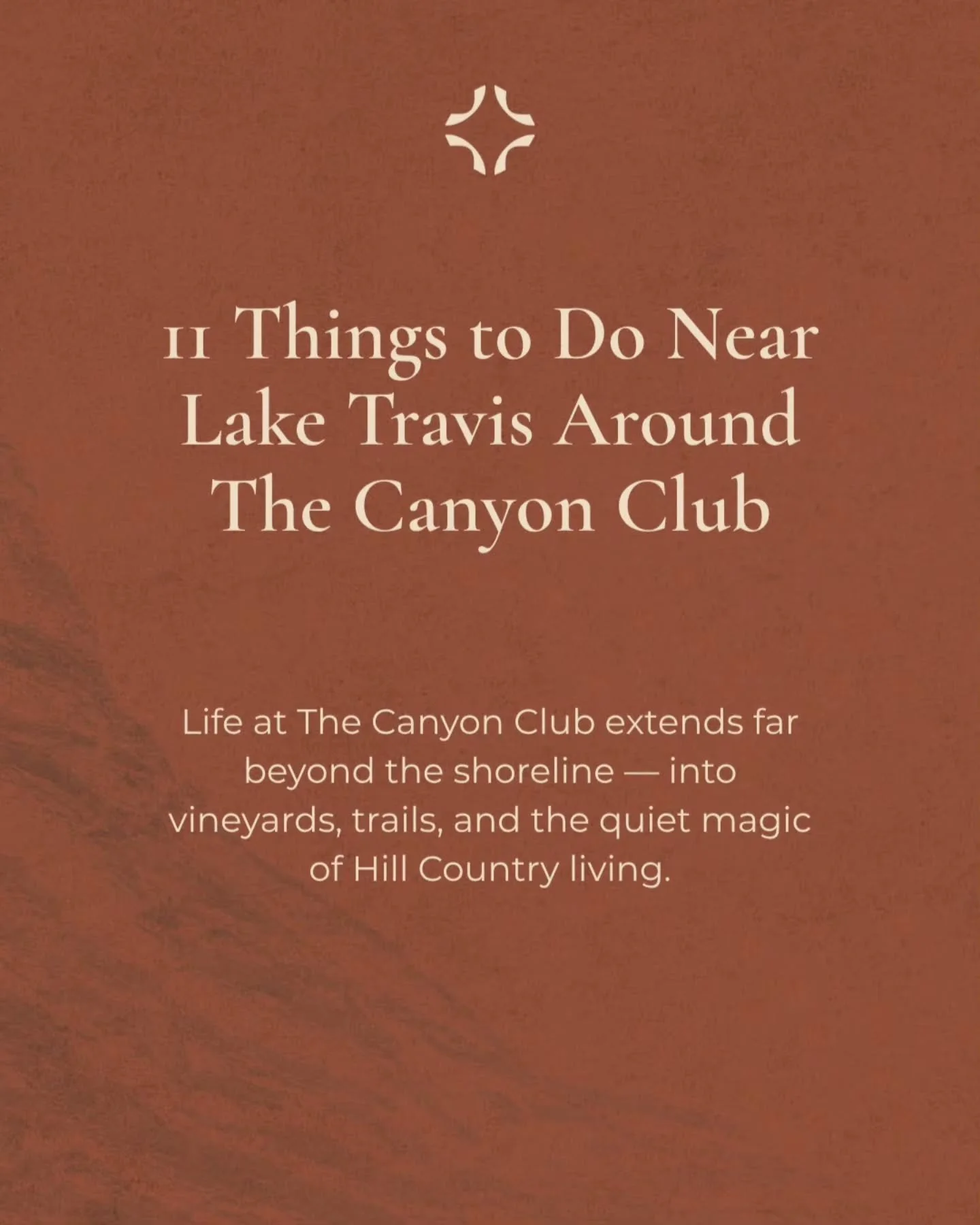 From lakefront adventures to Hill Country escapes, there&rsquo;s no shortage of unforgettable experiences near Lake Travis. Spend the day golfing, paddleboarding, or exploring local wineries, all just minutes from The Canyon Club.

Swipe to get inspi
