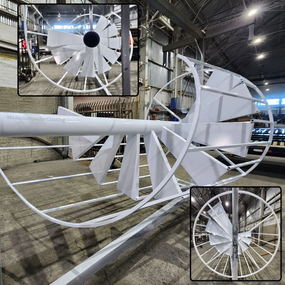 A spiral staircase powder coated white. Two inset images show different angles of the same structure.