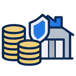 Stack of gold coins, a house, and a shield symbolizing property protection and insurance