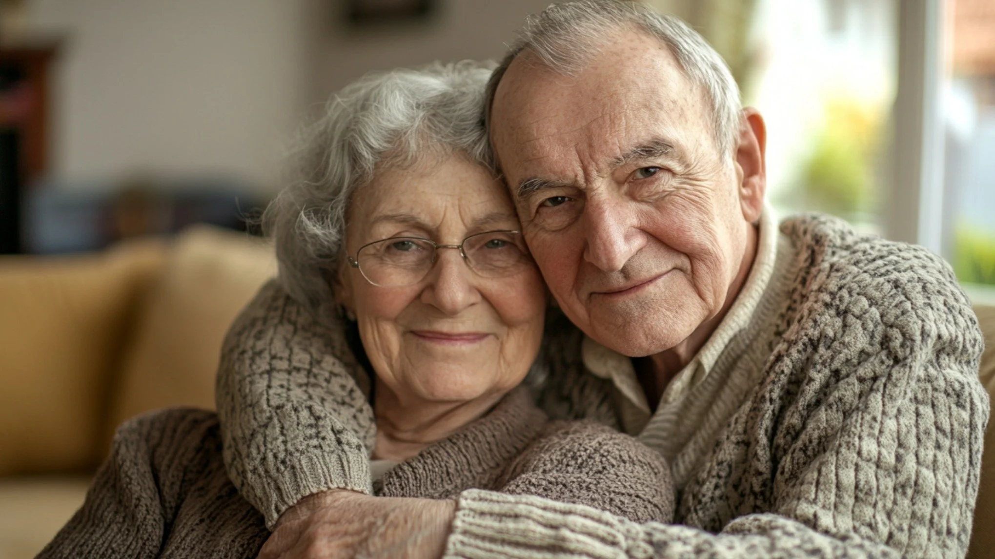 Close-up of an elderly couple smiling and hugging each other indoors with a blurred background.