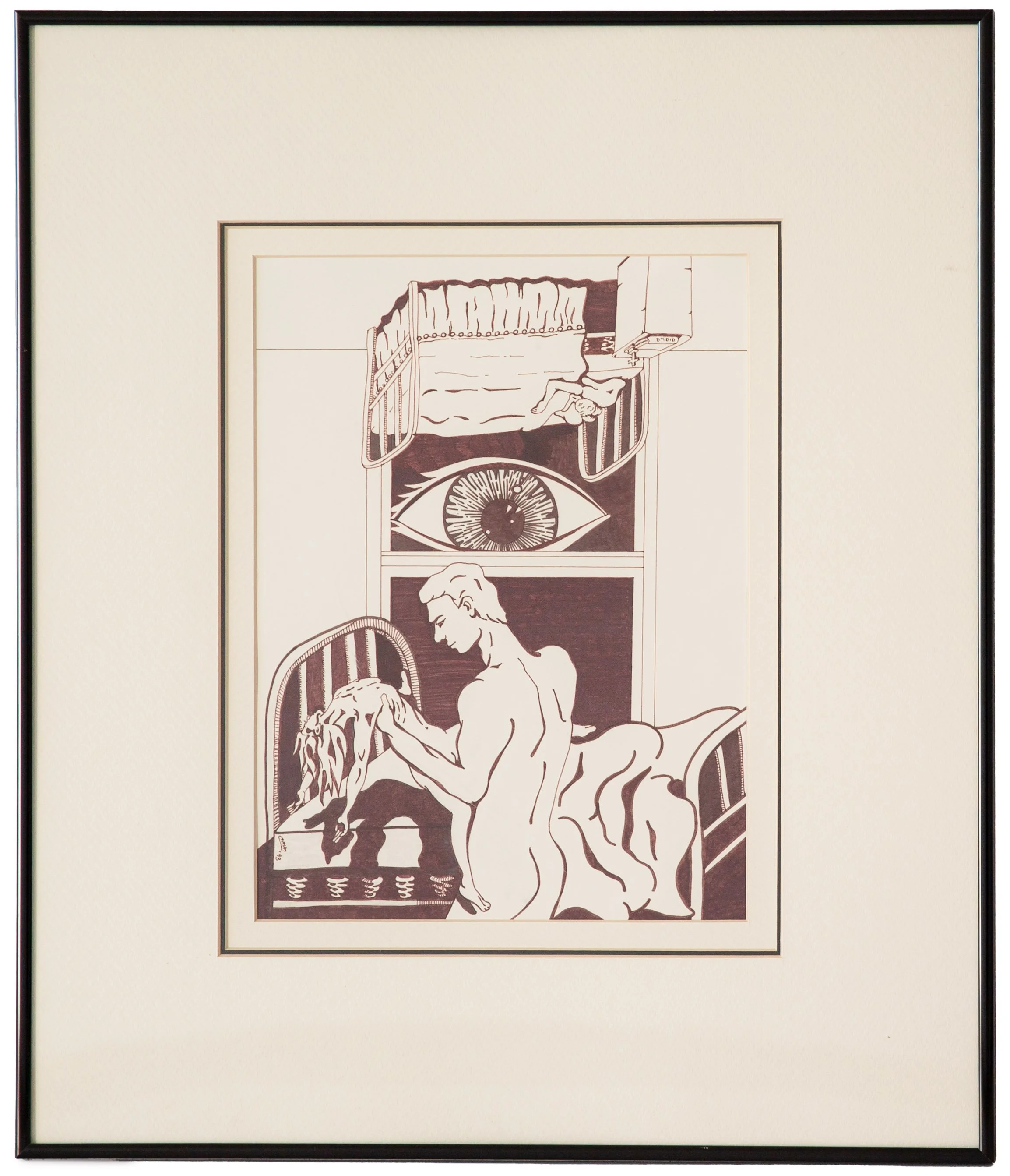 "On The Ceiling" - Carol McCullough, Pen on Paper, 1993

I felt God’s Eye watching me always.

I feared Him and loved Him 
     at the same time.

I made my body float to the ceiling
    and turn over and over

I worked every night to float
    over 
