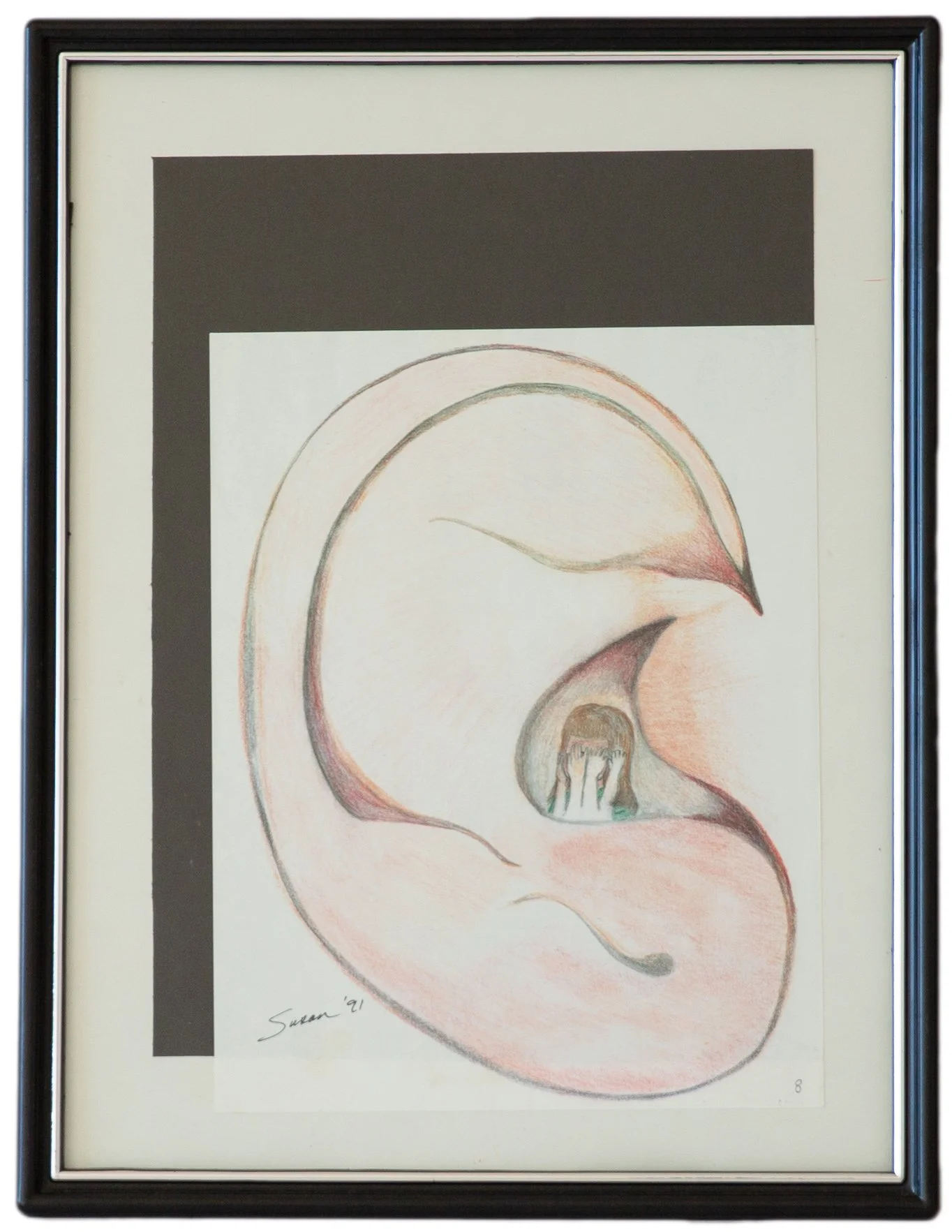 "Can't I Be Heard" - Susan O.W., Colored Pencil on Paper, 1991

The molested child does her best to be “heard”- but she speaks softly and often in vague terms. Someone needs to listen. Someone needs to “hear” even the most subtle of hints that may me