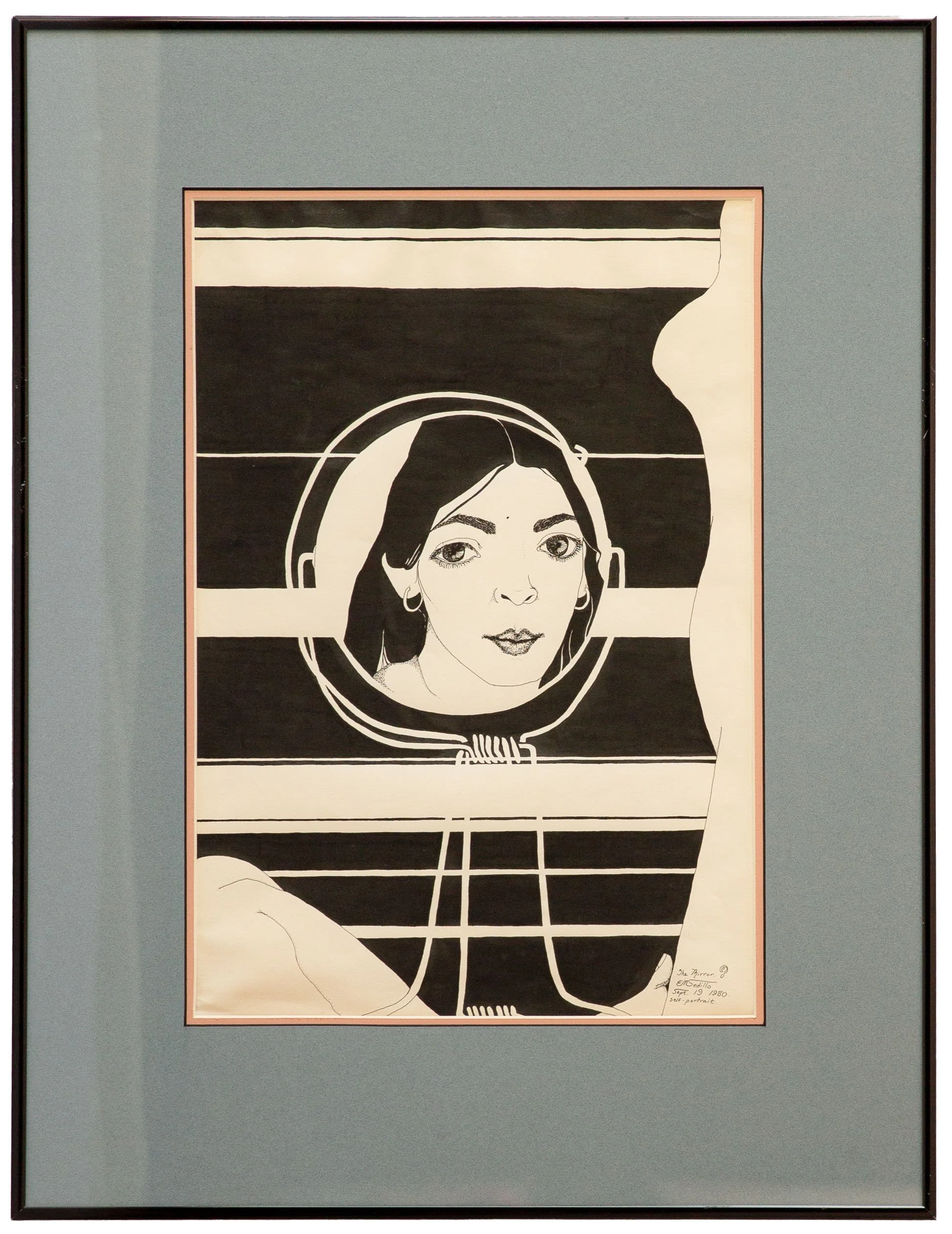 "The Mirror" - Elizabeth Sedillo-Tackett, Pen and Ink on Paper, September 1980

Looking at myself in a mirror was always difficult. So as an assignment for myself, I decided to do a self-portrait.