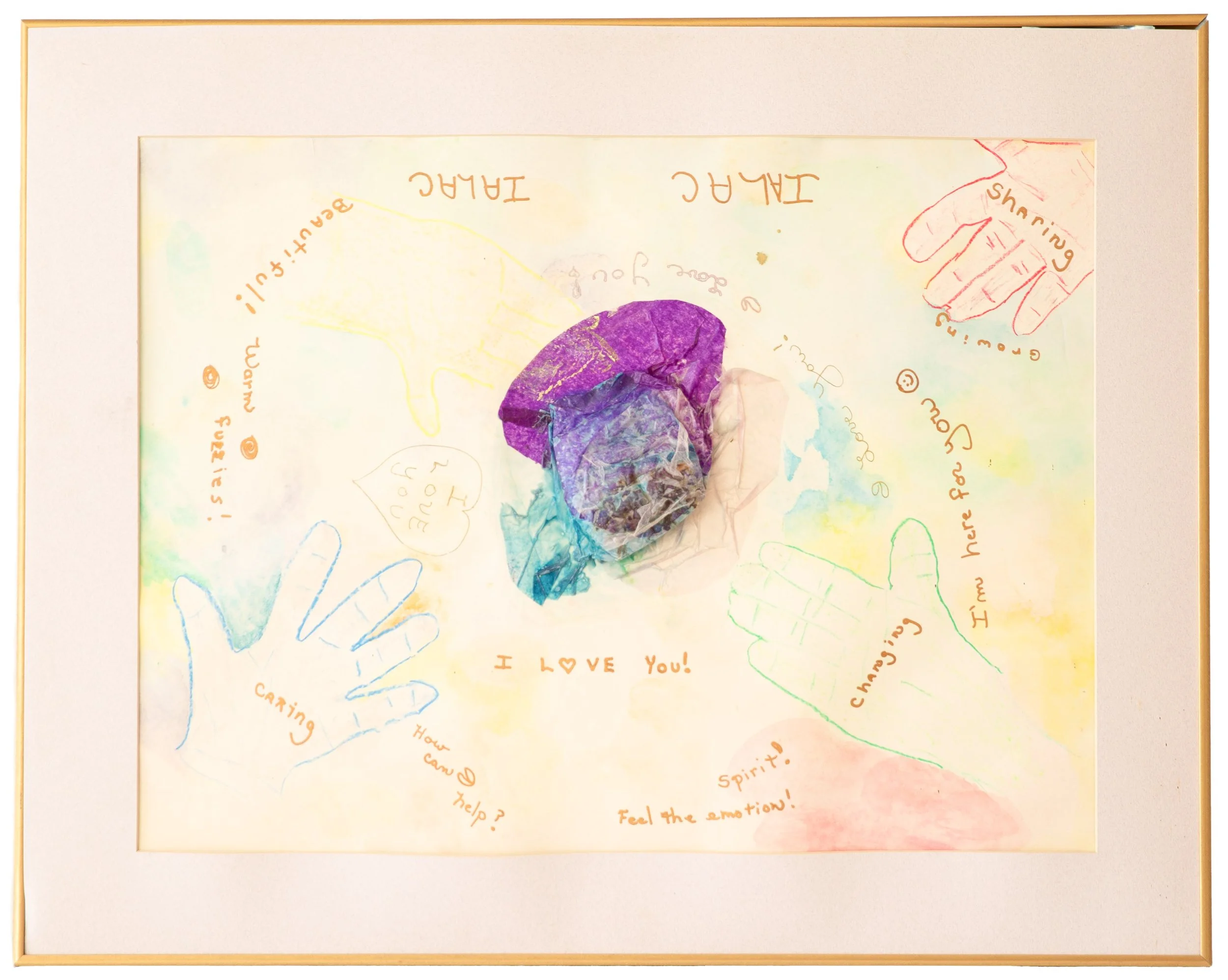 "Happy & Growing" - Pam, Paint, Tissue Paper, and Found Objects on Paper, 1993