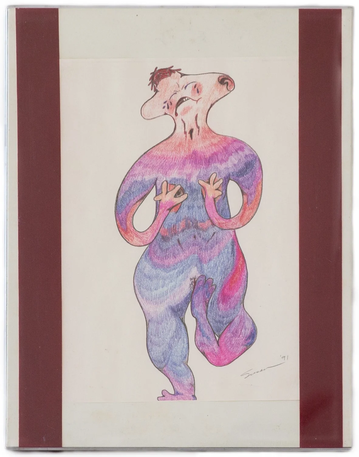 "Struggle" - Susan O.W., Mixed Media on Paper, 1991

No matter how hard I try, sometimes I just can’t cover up. In dreams, I often lose some of my clothing or some will be falling off and I’m trying desperately to keep it on. 
I hate public bathrooms