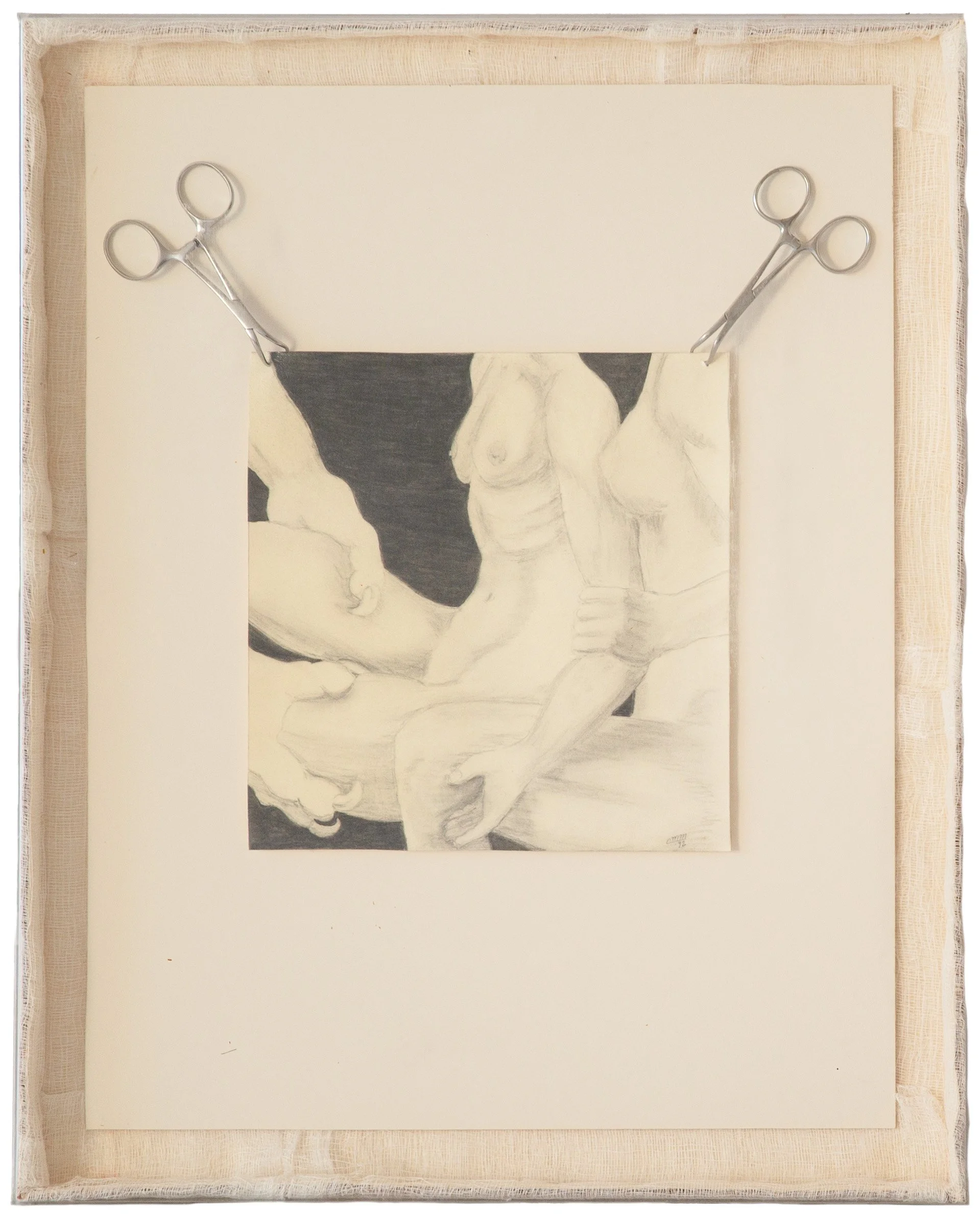 "Woman's Pain I" - Carol McCullough, Pencil and Found Object in Shadow Box, 1993

All I can say is that this is a 
peek into a fantasy world I lived
in every night until very recently.

It is not pretty, but for me, it was
a normal state of mind. The