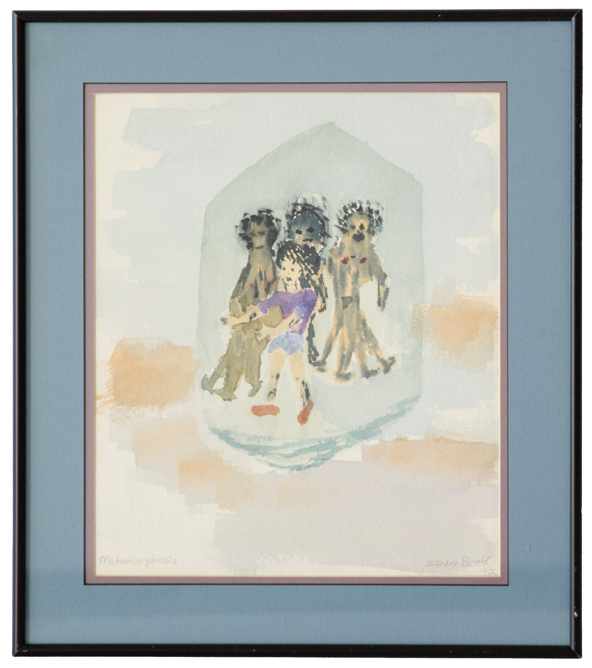 "Metamorphosis" - Sandra Booth, Watercolor on Paper, 1992

Throwing off the Harpys
Sloughing off isolation & depression
Shedding self-blame.

Casting off unworthiness
Wriggling out of “otherness”
Discarding shame.

Transforming…
