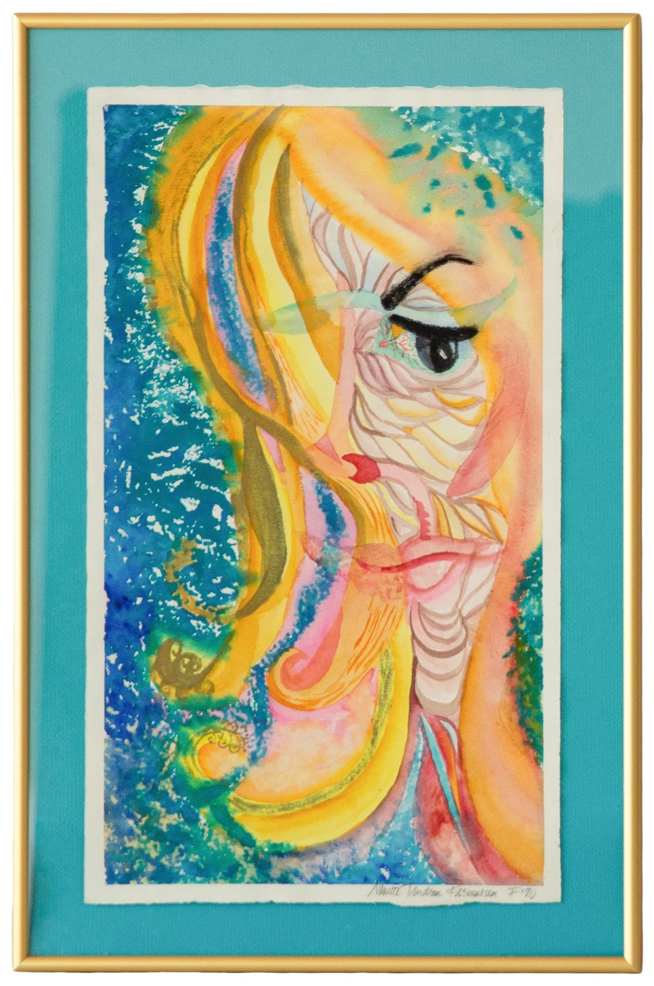 "Marilyn Monroe is Alive And... Well?" - Nanette Trudeau Rasmussen, Watercolor on Paper

Women are still valued for their outer 
beauty and sexual attractiveness. But
that outward appearance does not always 
fit with a women's interior, her feelings 