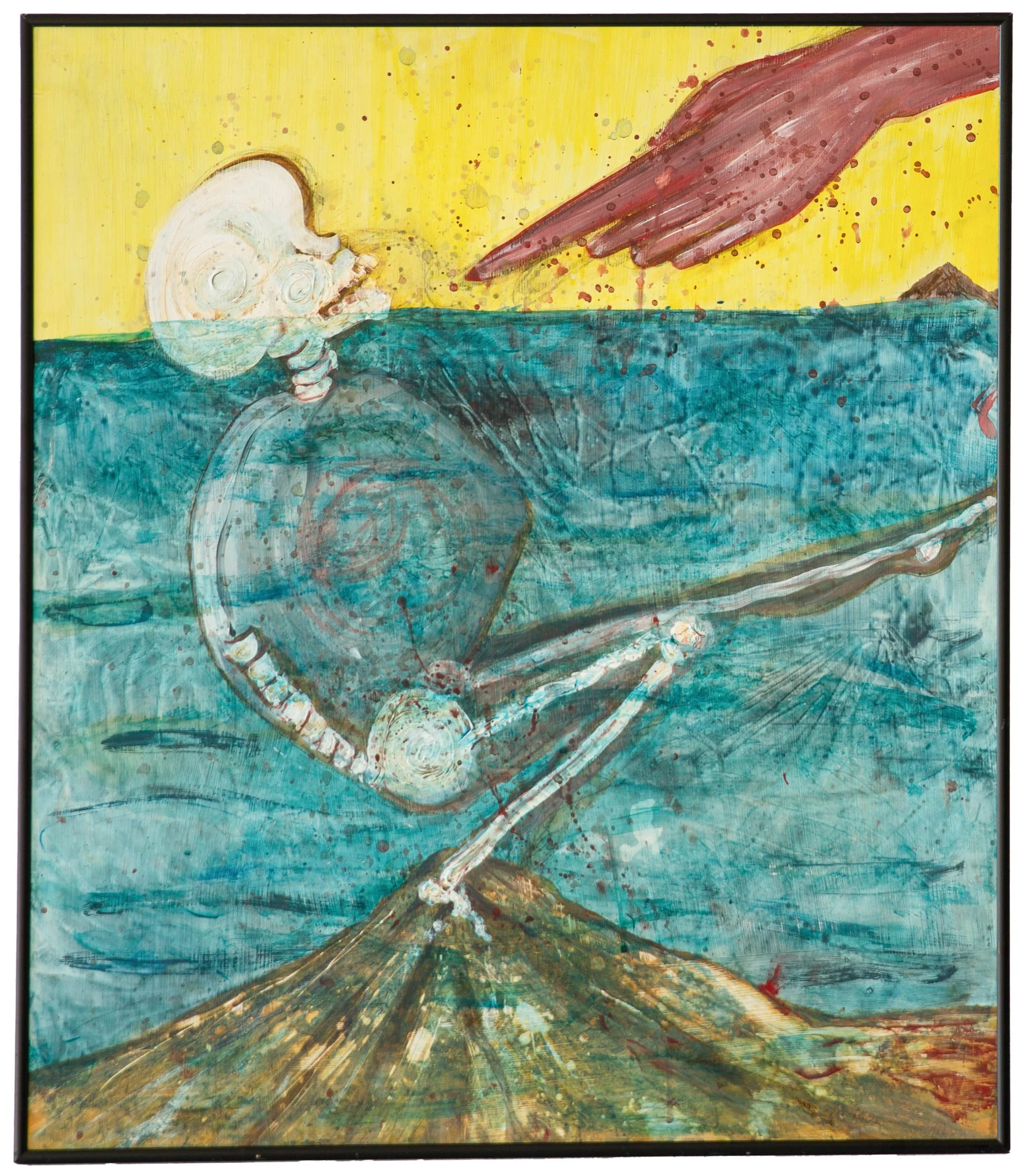 "Shame, Pain, Struggle" - Alice Ann Winn, Acrylic on Wood, 1992

This painting deals with the memory of one of my lowest points in life. I had experienced loss which is represented by the skeleton, and pain from accidents that injured my neck, spine 