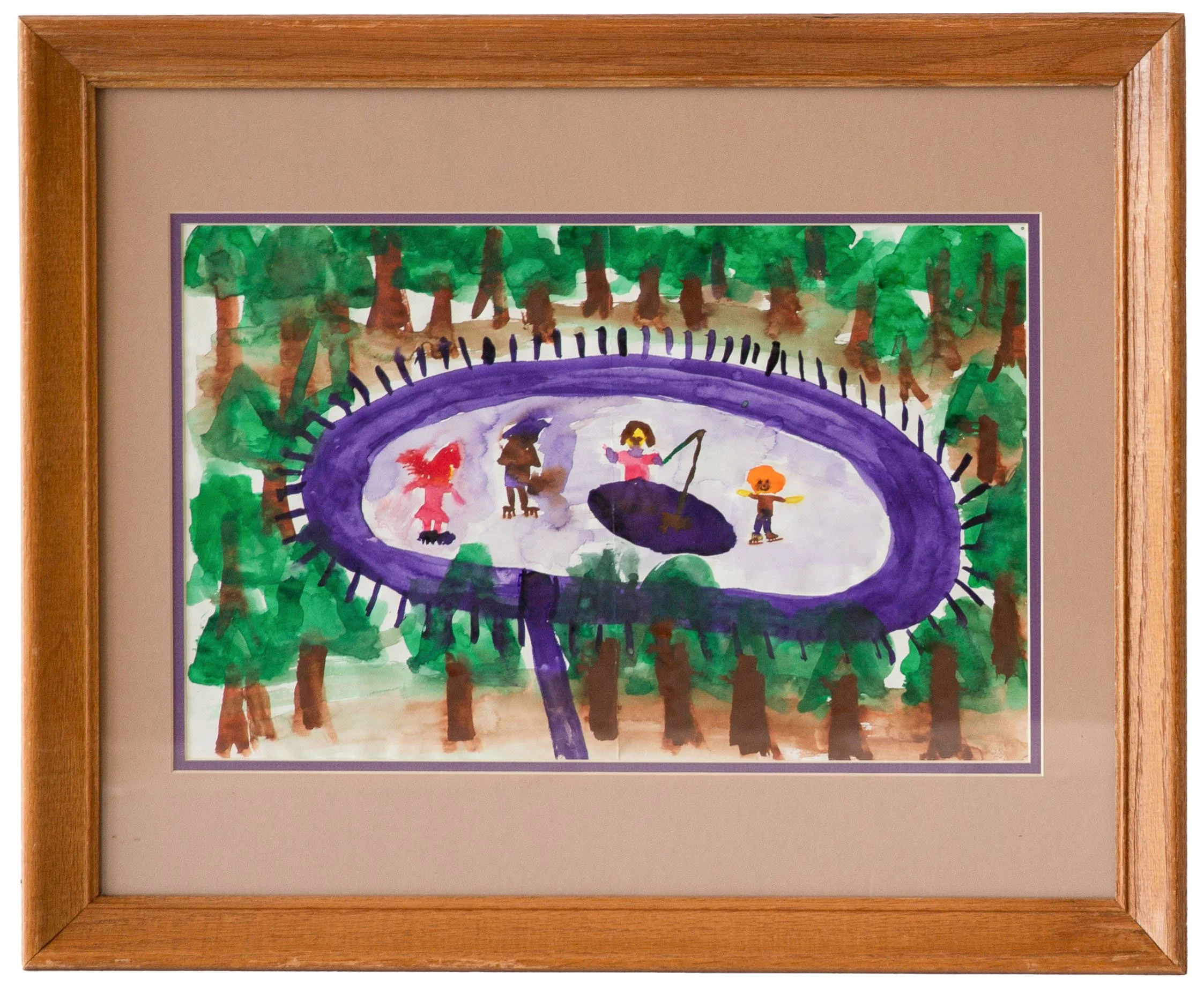 "Skating Pond" - Petie (b.1981), Tempere on Paper, October 1991

A purple pond for skating 
Skaters wear masks over their faces like Halloween
It’s so easy to fall through the hole in the ice
You can’t see anything
But Johna pulls them out with her p
