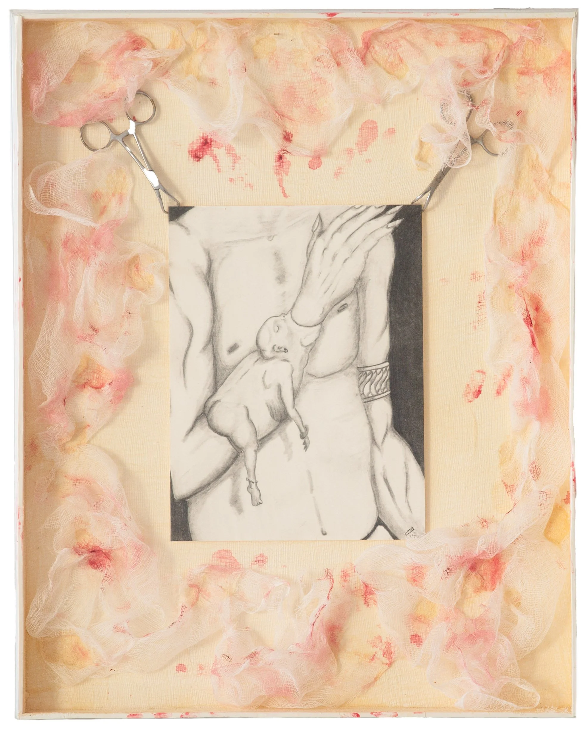 "Woman's Pain II" - Carol McCullough,
Pencil and Found Object in Shadow Box, 1993

This image haunted me for too long. This man, primitive, cruel, wore girls’ babies like jewelry. He walked on corpses. He set women trembling and boys emulated his wic