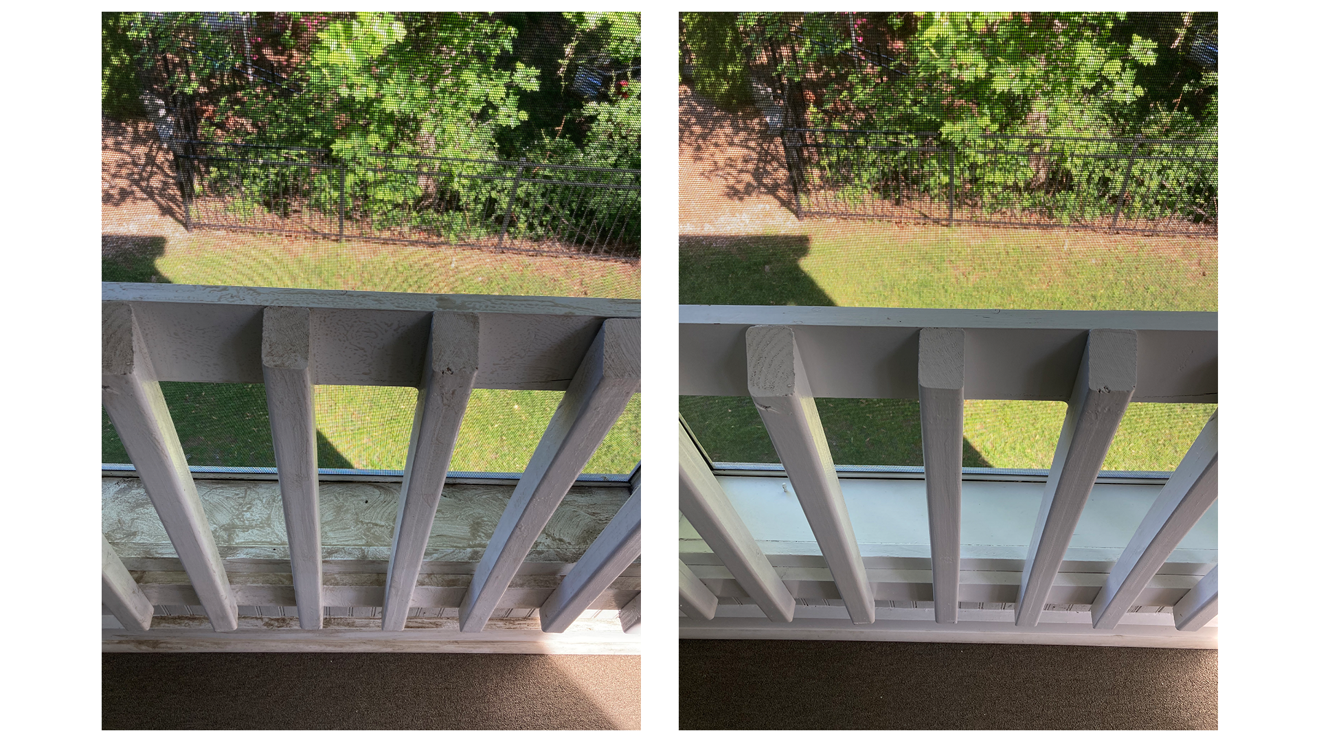 Comparison of two images of a balcony railing looking out onto a yard with trees and grass, where the left image shows color distortion and pixelation, while the right image appears clearer and more color accurate.