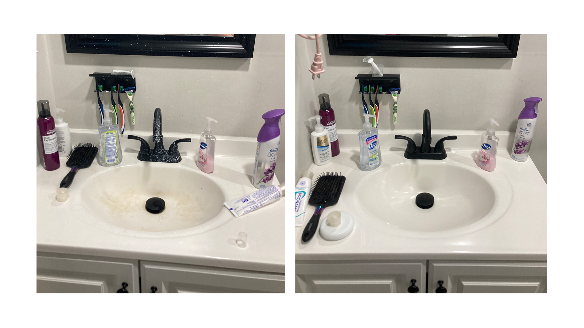 Comparison of a bathroom sink before and after cleaning, showing the sink with soap scum and stains on the left and a clean, spotless sink on the right.