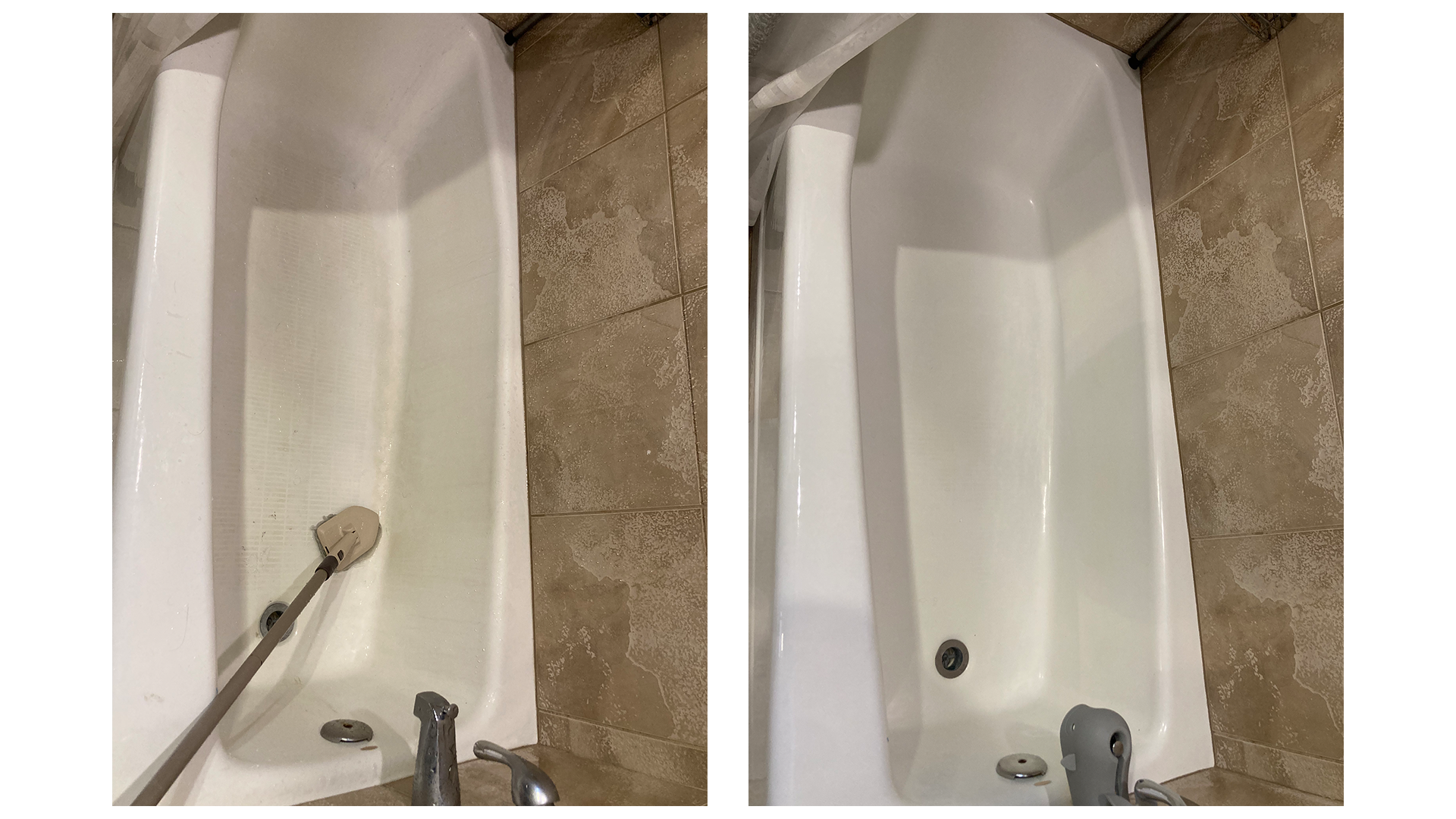 Comparison of a bathtub before and after cleaning, showing the removal of dirt and grime.