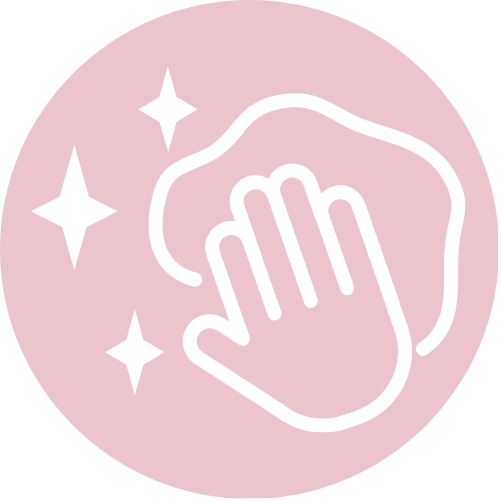 A pink circular background with a white outline of a hand wiping a surface and three sparkling stars indicating cleaning or wiping action.
